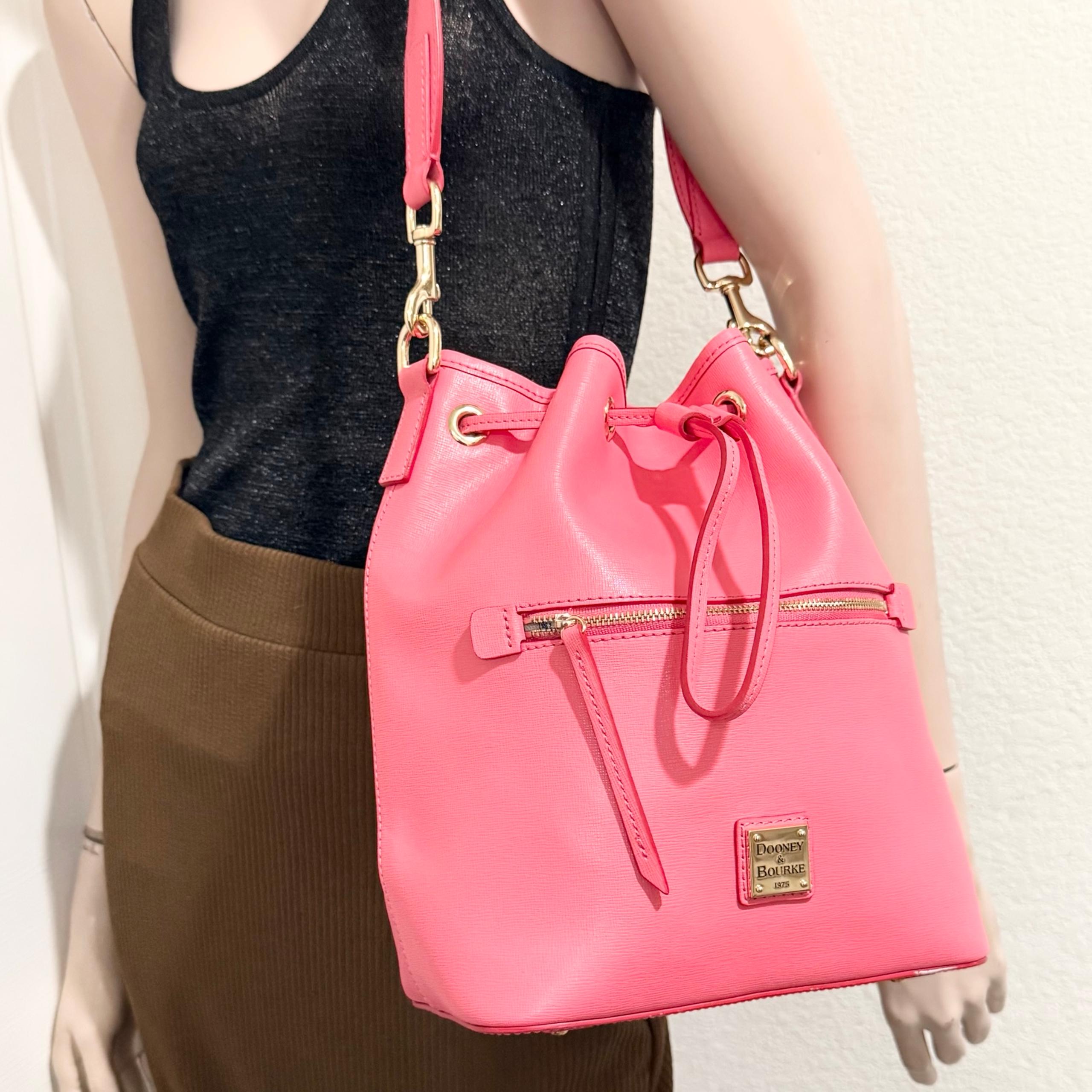 DOONEY & BOURKE Pink Saffiano Leather Drawstring Bucket Shoulder Bag