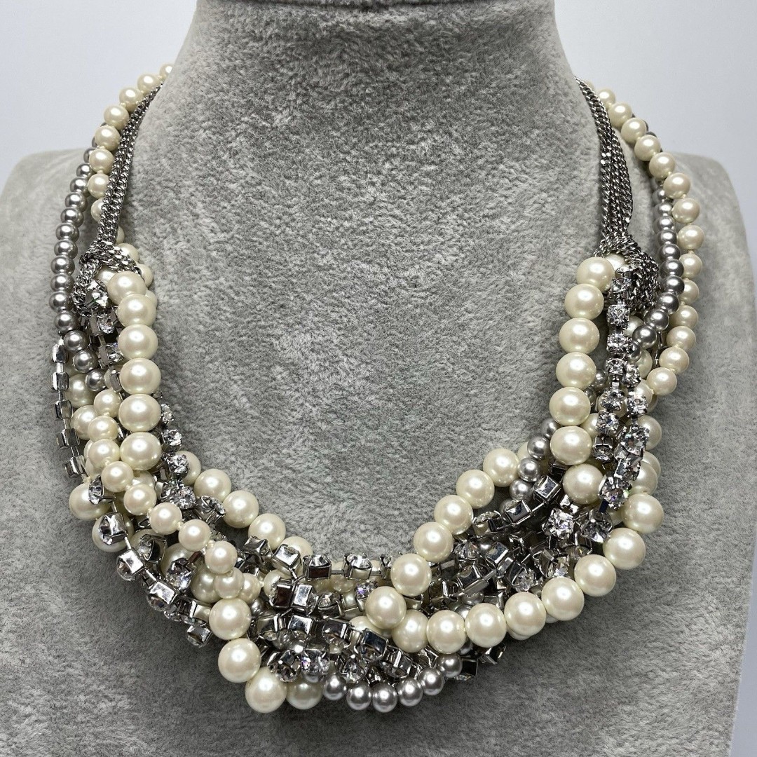 ABS Allen Schwartz Statement Glass Pearl Rhinestone Silver Tone Necklace Bold
