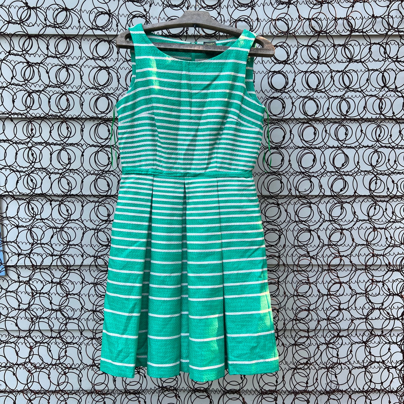 Taylor jacquard green white stripe box pleat sleeveless dress
