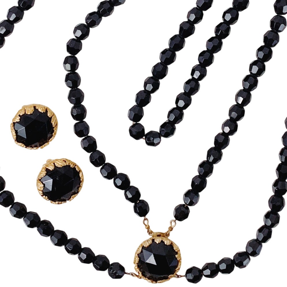 VTG Signed Jonne Black Glass Necklace Earrings Set 50s 60s Faceted Beads Clip-On