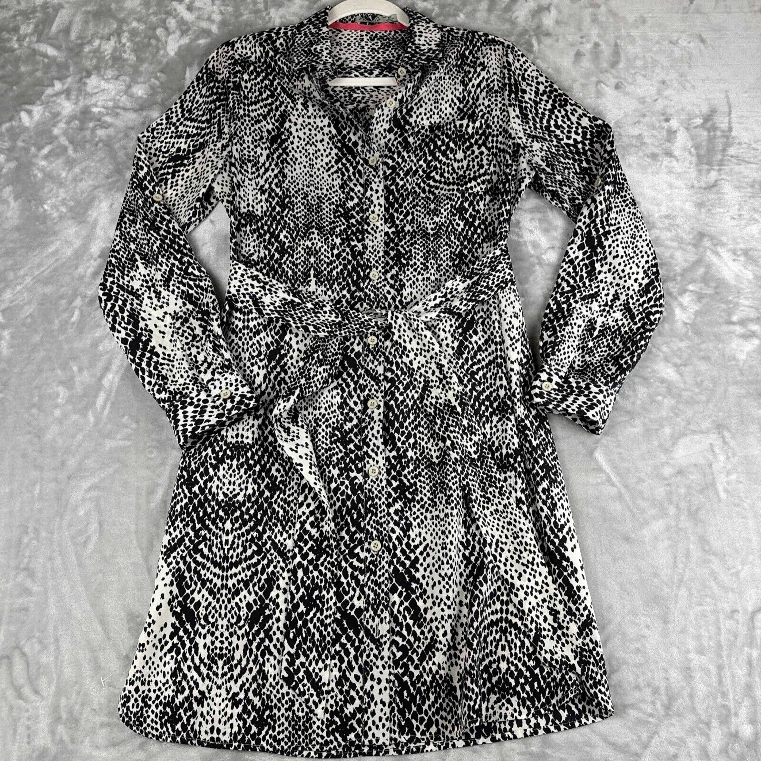 Eliza J Shirt Dress Women's 6P Black White Snake Belted Roll Tab Sleeve (1026)