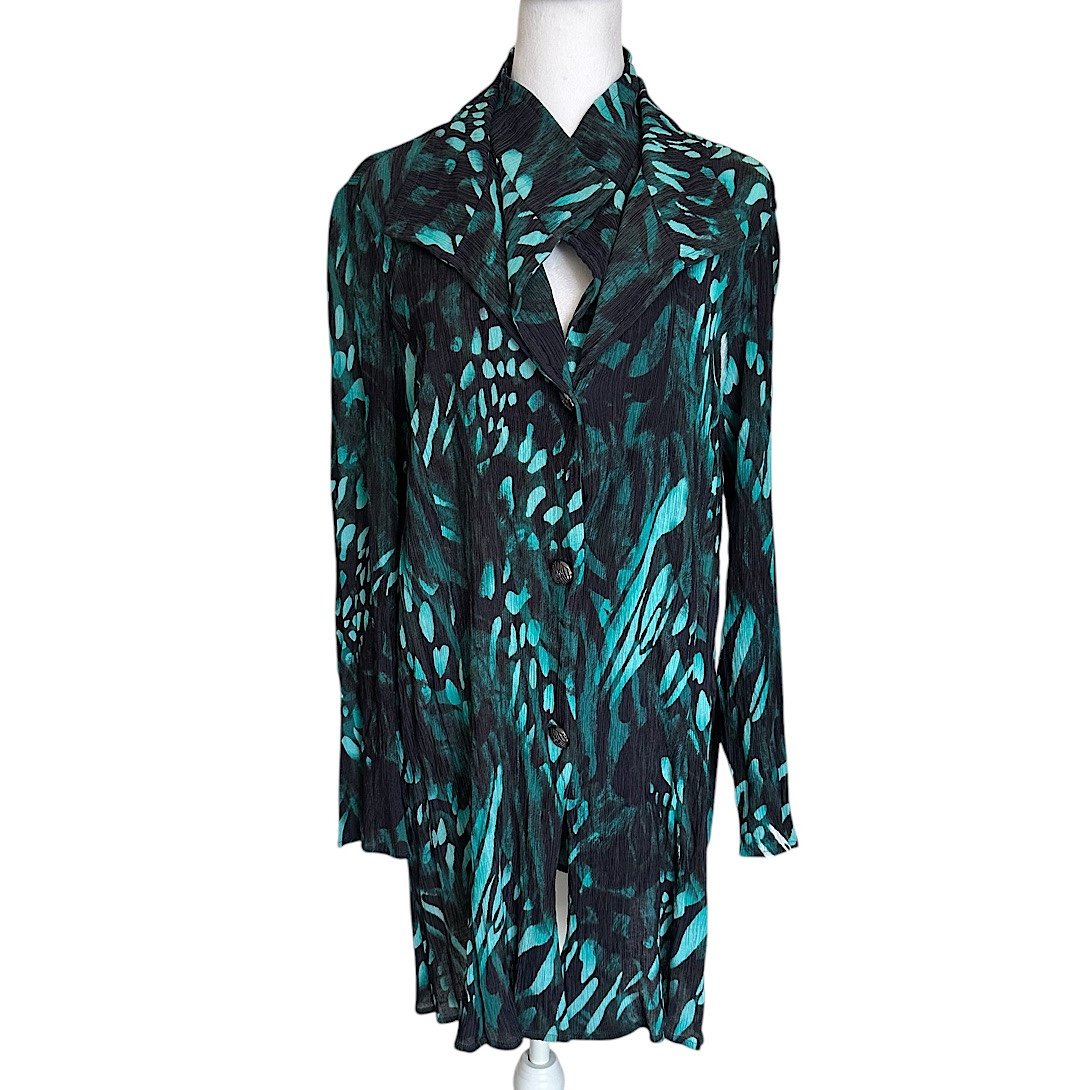 Ming Wang Women’s Tunic Cardigan Teal Black Double Wire Collar Crinkle Fabric L