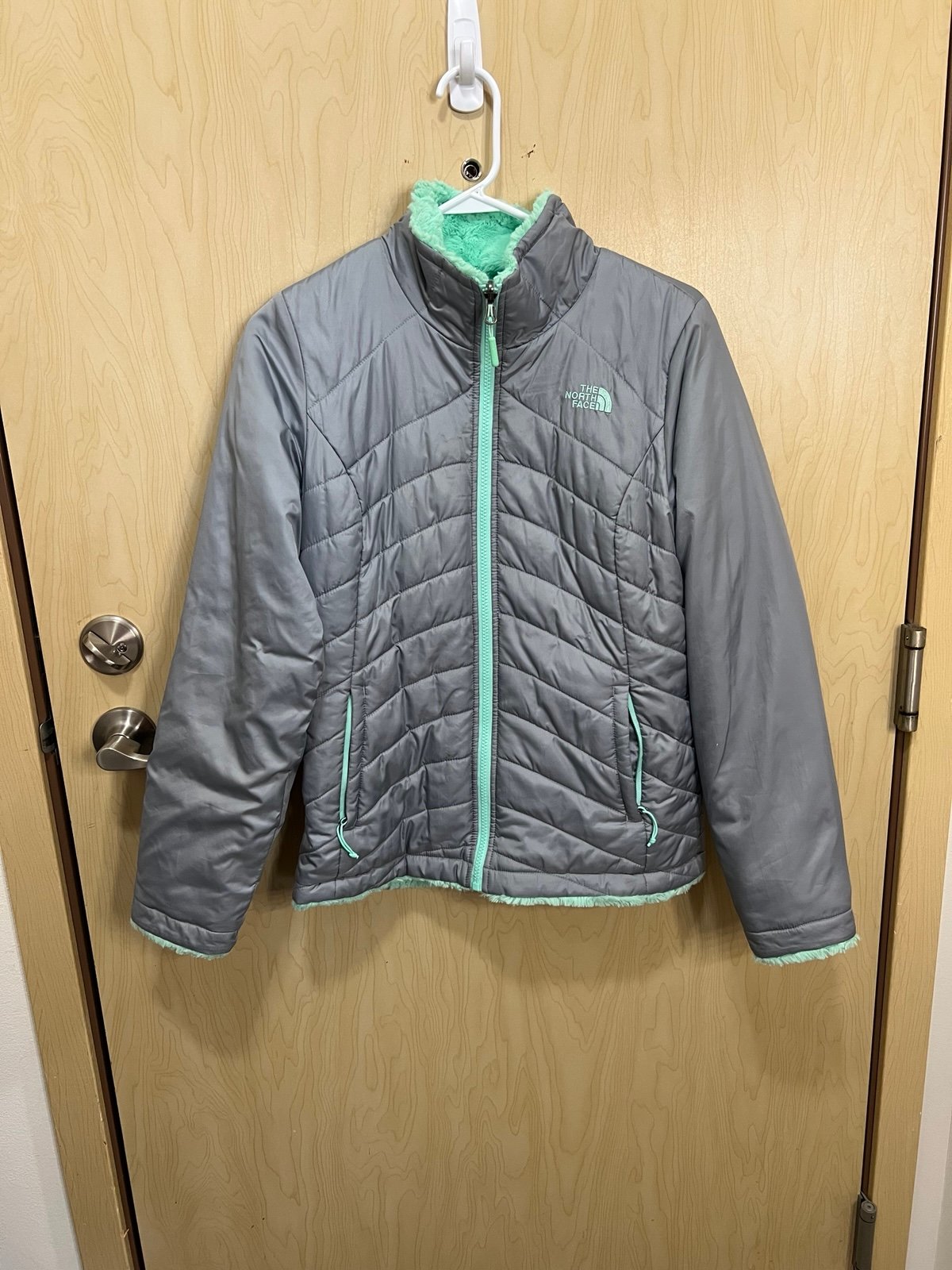 Small North Face Reversible Jacket Grey Exterior and Teal/ Mint Osito Full Zip