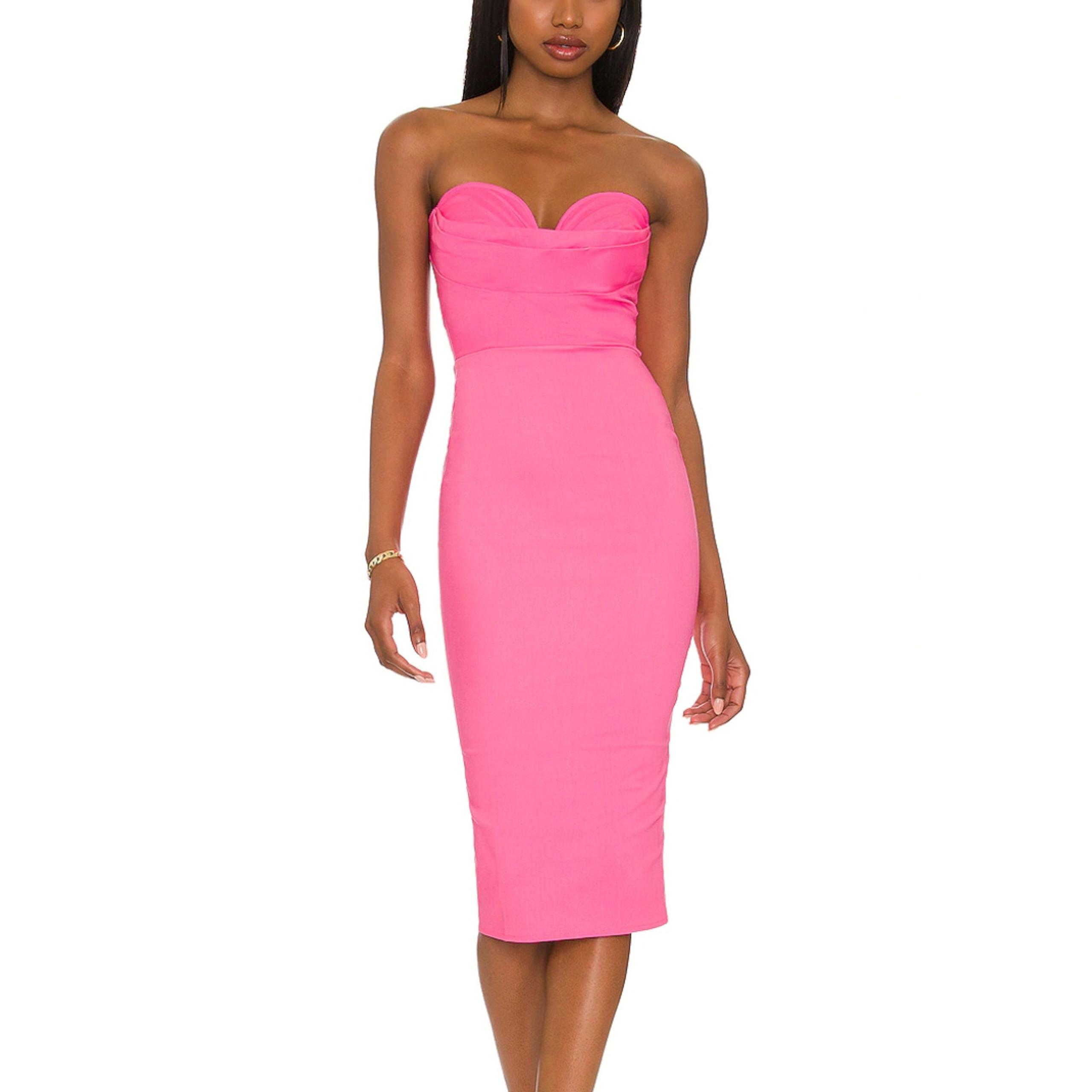 Revolve Barbie Pink Bustier Strapless Midi Dress XXS More to Come Sophia $78 NEW