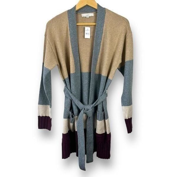 Loft Womens M Longline Belted Cardigan Sweater Neutral Chunky Colorblock Stripe