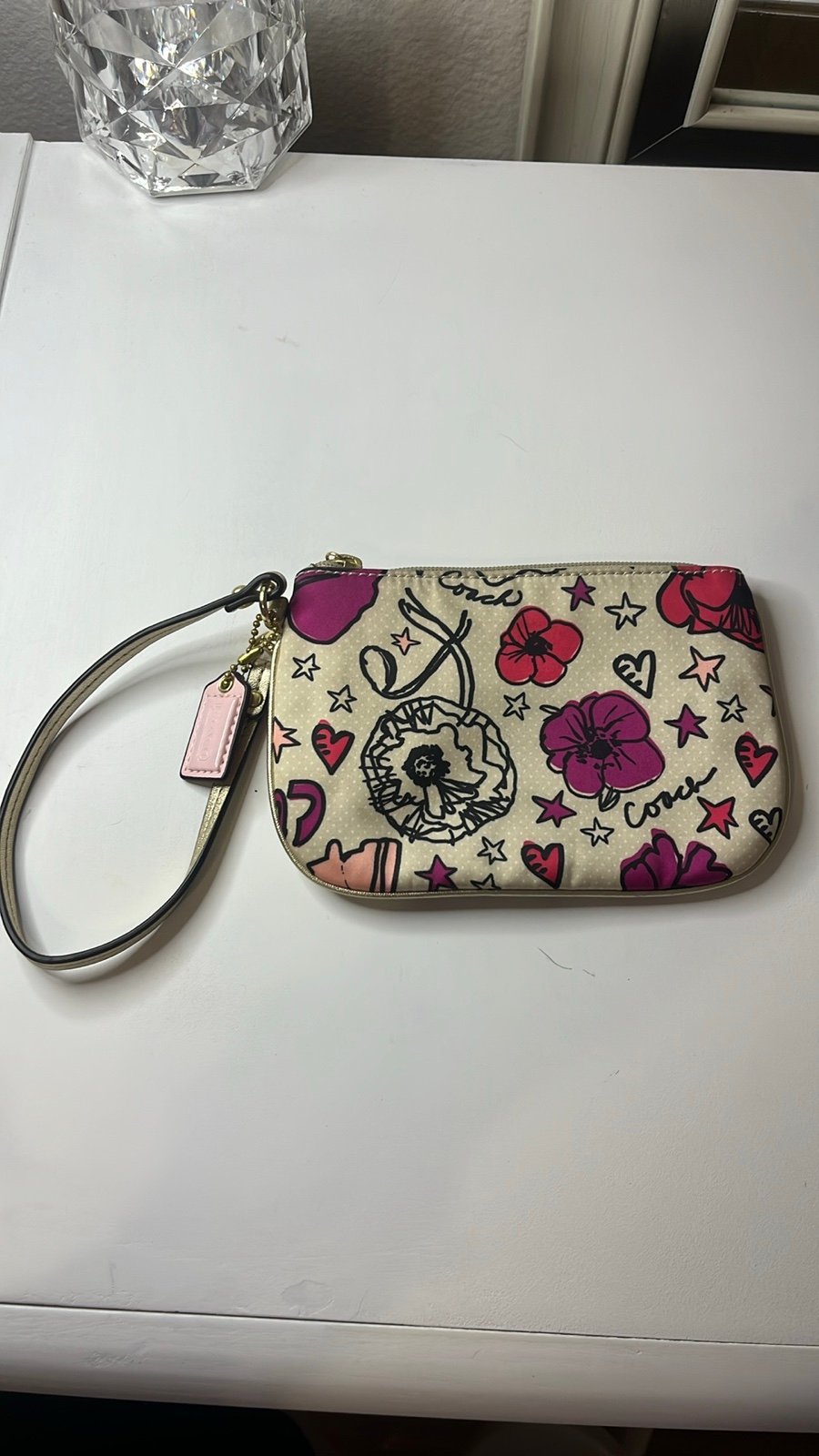 COACH Tan Floral Patterned Feminine Wallet with Gold Strap and Pink Interior