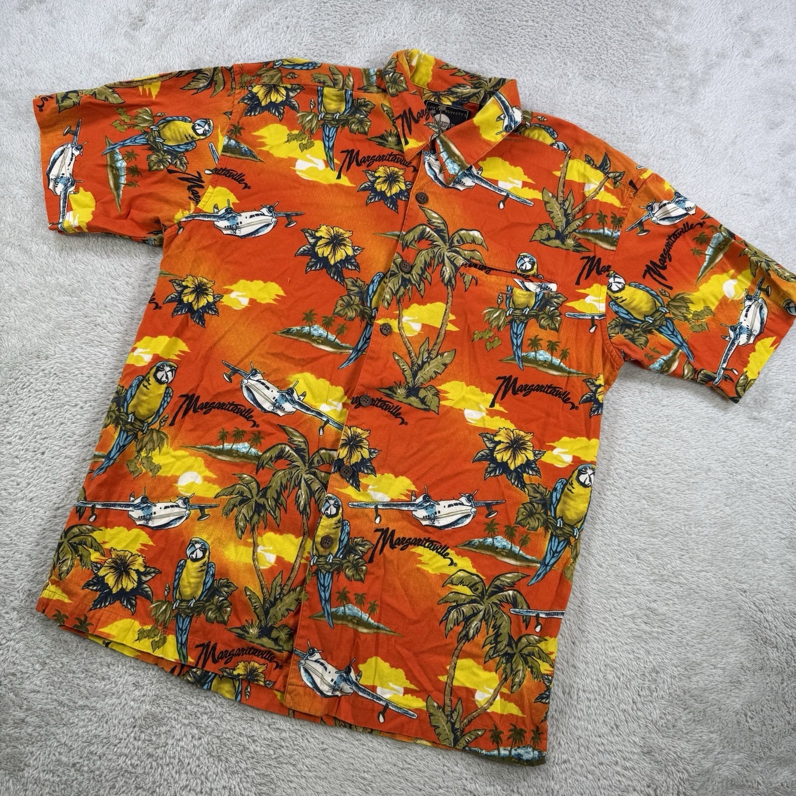 Margaritaville Shirt Men Medium Orange JImmy Buffett Hawaiian Parrot Floral Palm