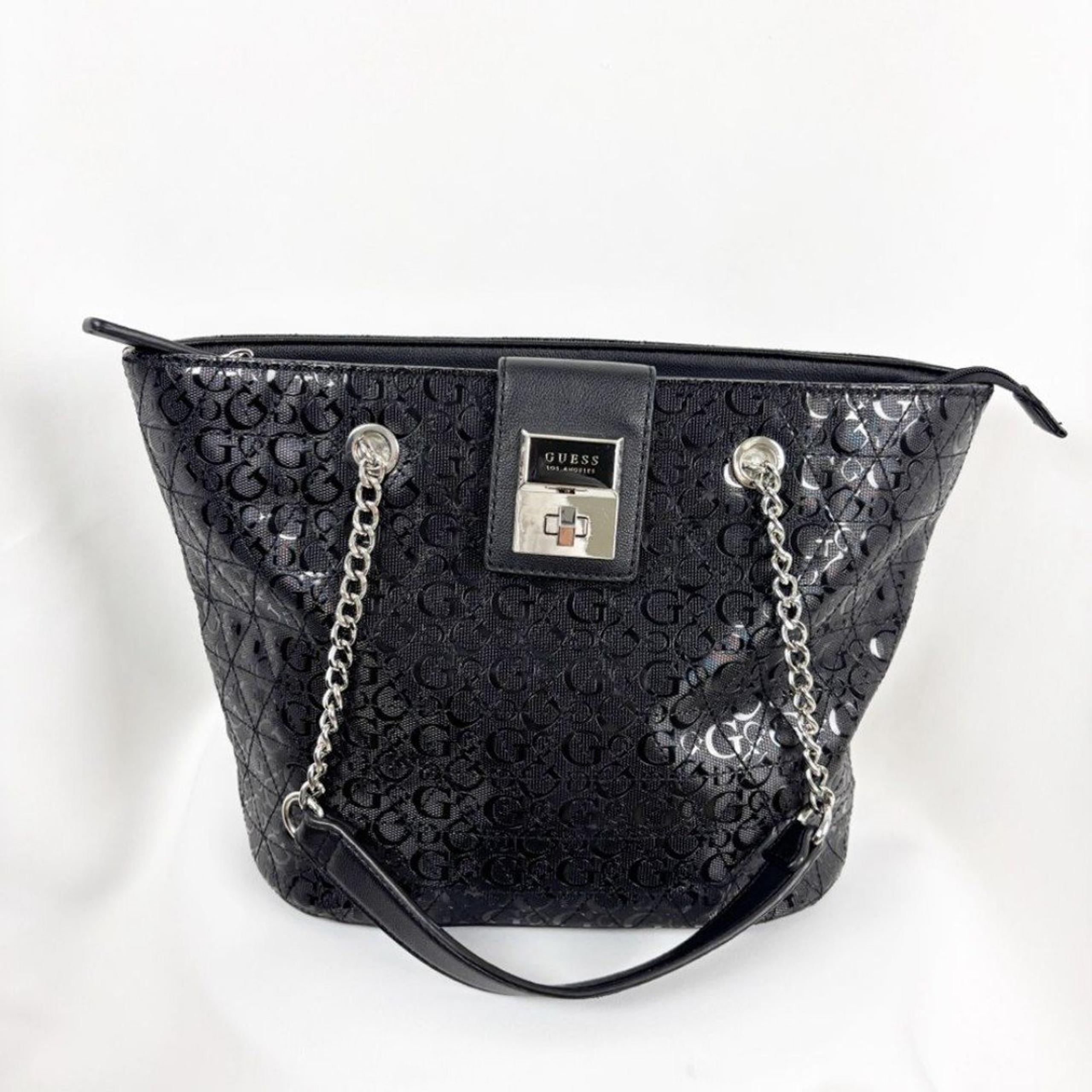 Guess Women Quilted Black Tote Bag with Chain/Leather Carrying Straps