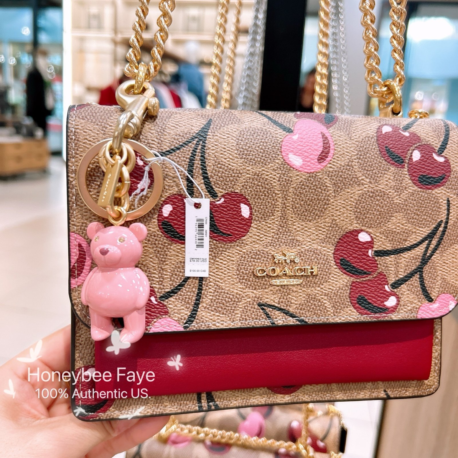 NWT Coach Mini Klare Crossbody Bag With Cherry Print & Bear Bag Charm bundle