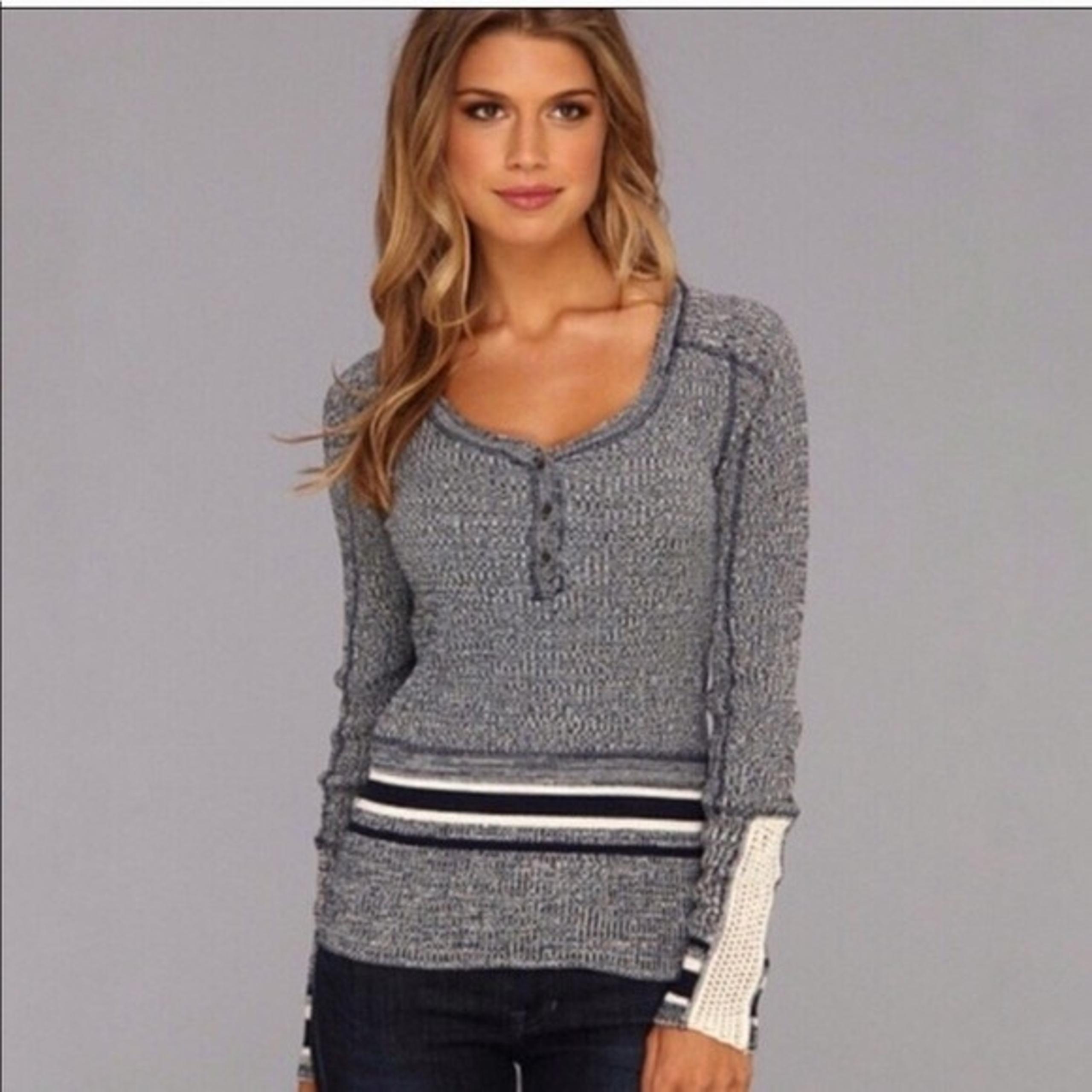 Free People Sock Monkey Henley We The Free Thermal Knit Top Navy White Crochet M