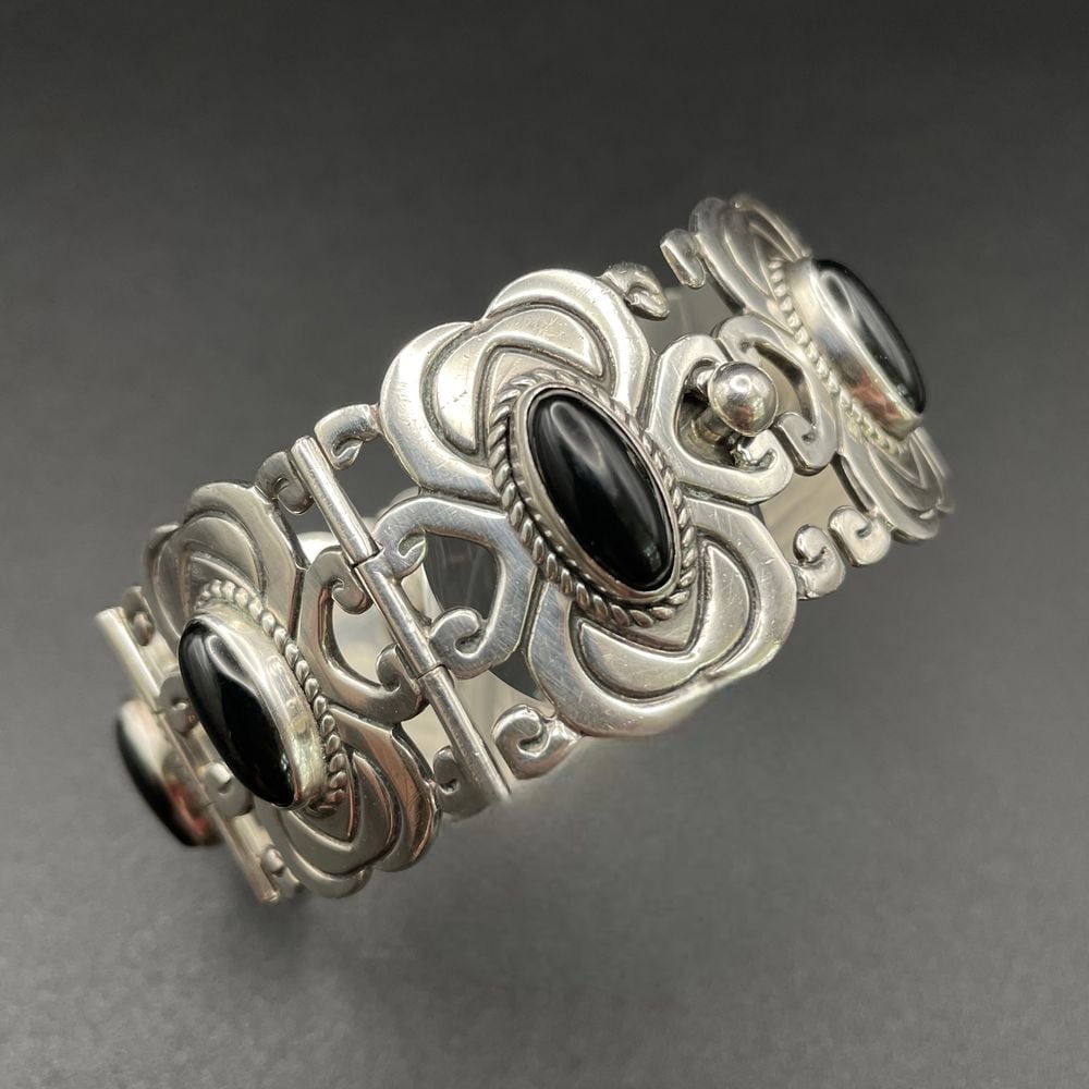 Vintage Sterling Silver ATI Mexico Panel Bracelet Black Obsidian