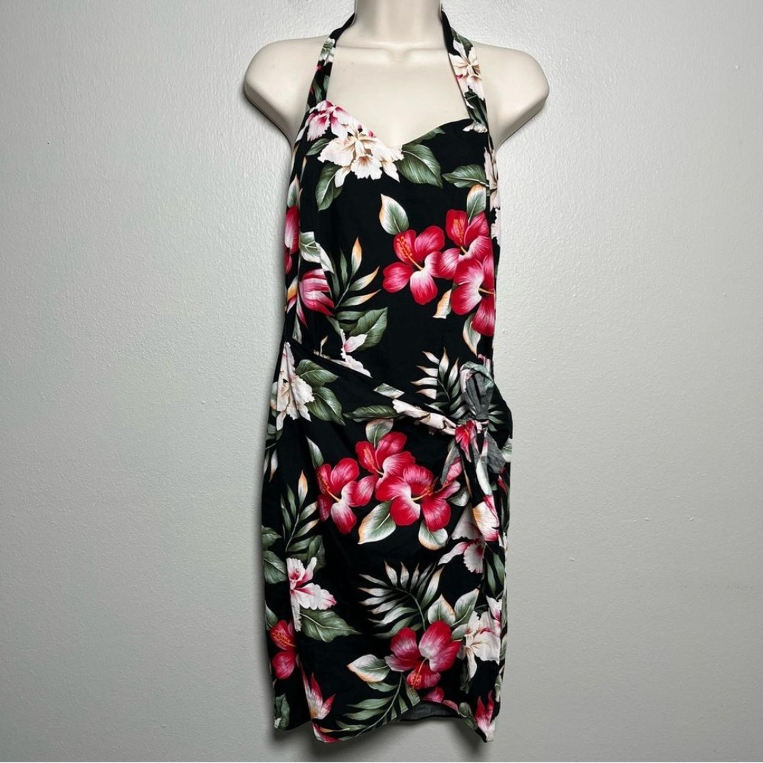 VTG 90s Women Dress XS Lily Cat Halter Neck Vacation Resort Front Wrap Black Red