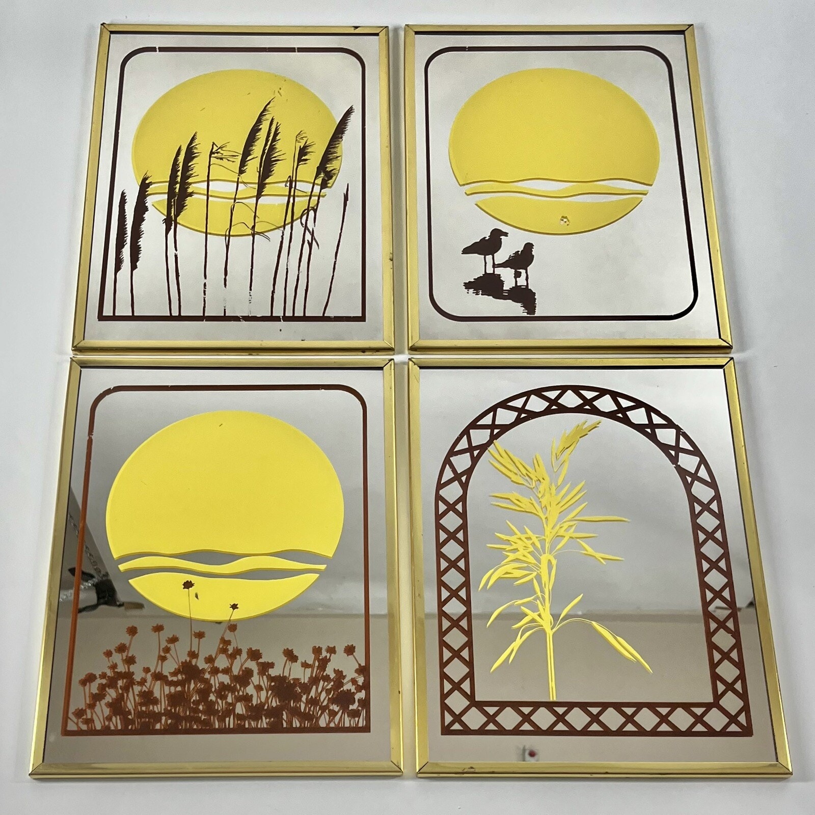 4 Art Mirror Set Brytone Mechanical Works Printed Sunset Vintage 70s Yellow Sun