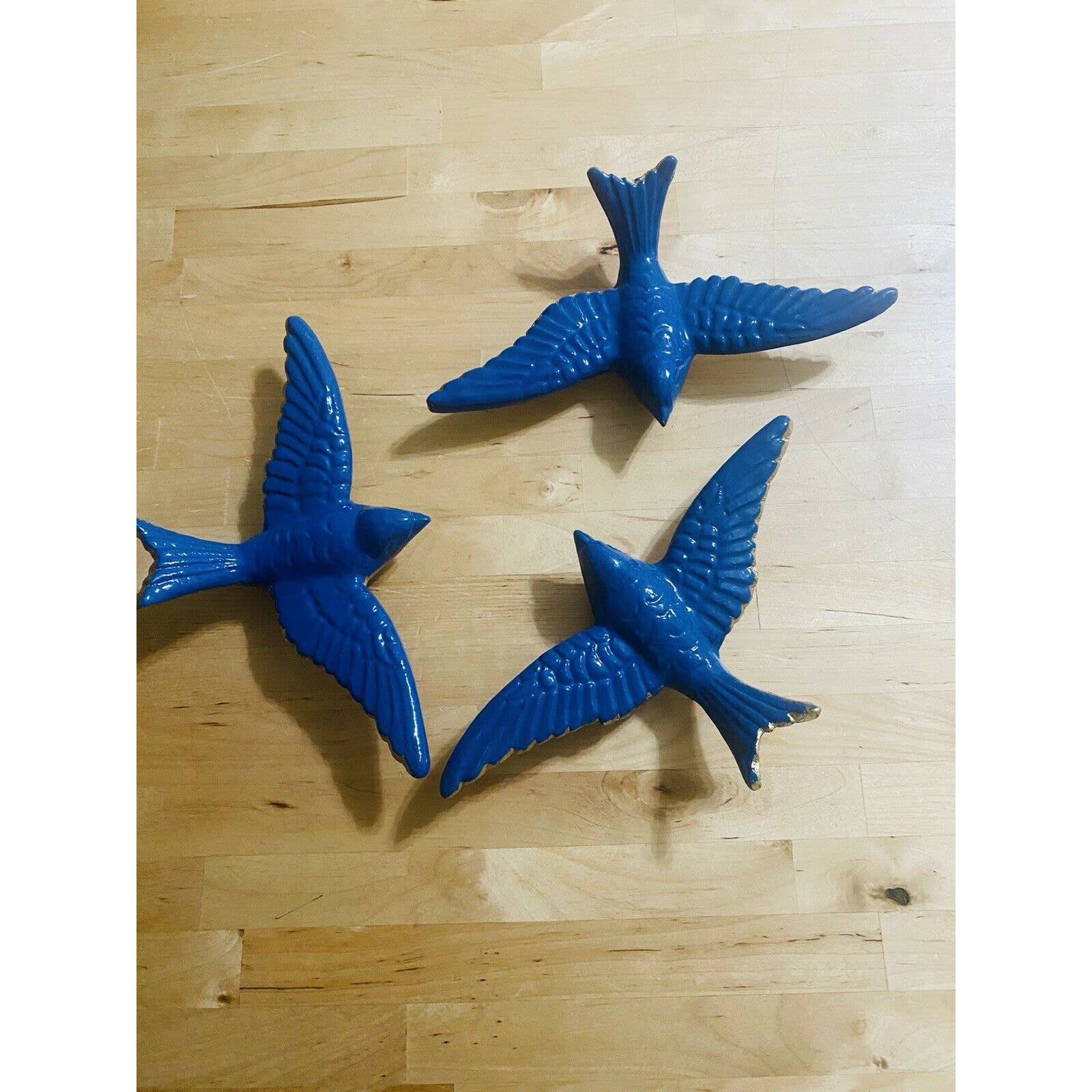 3 Birds Figurines Blue & Gold Metallic And Enamel 4.5X8” Beautiful