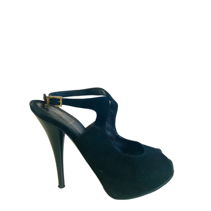 Fendi Black Suede Peep Toe Pumps Heels Size 35 US 5