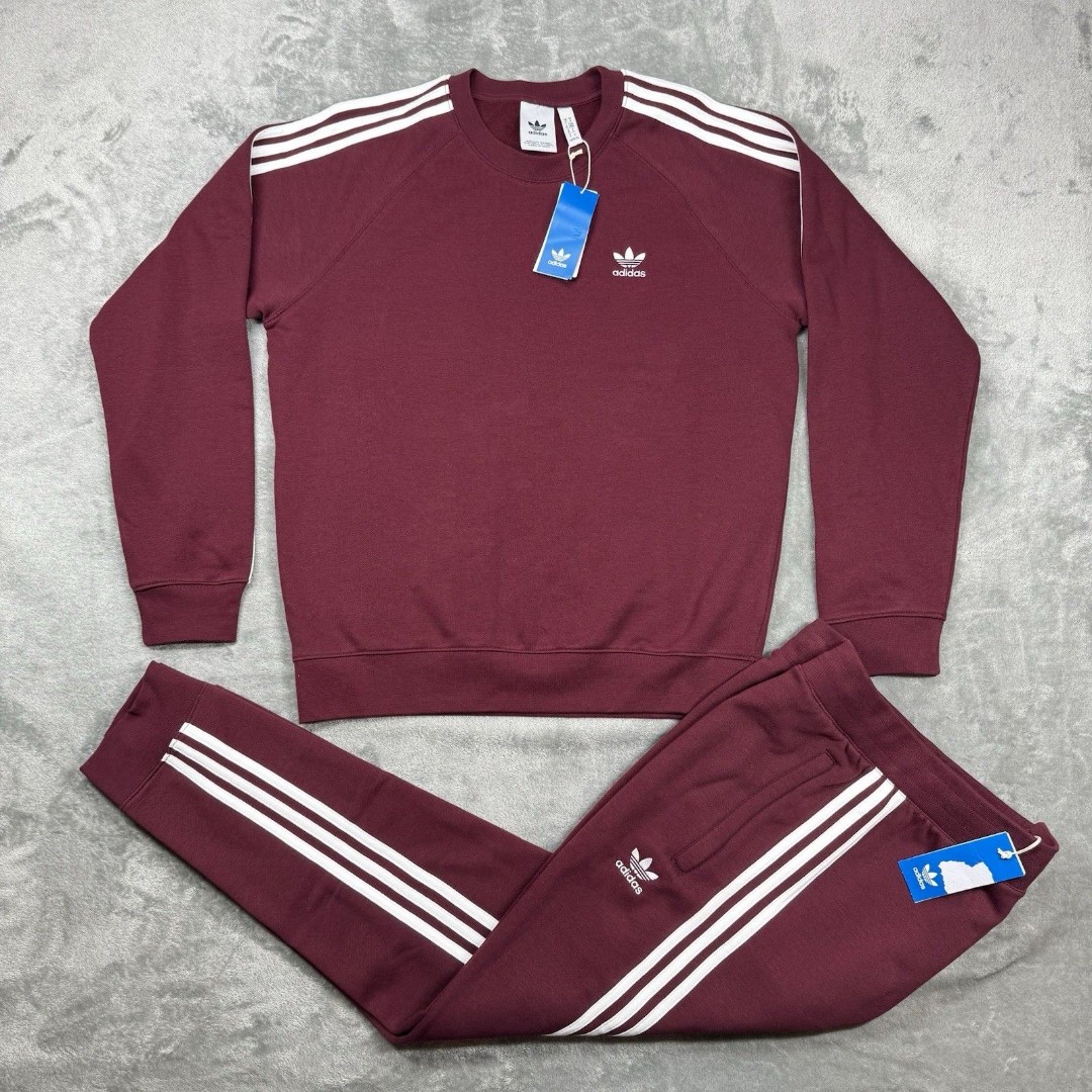Adidas Sweat Suit Men’s Medium Red Striped Trefoil Fleece Crewneck Jogger Set