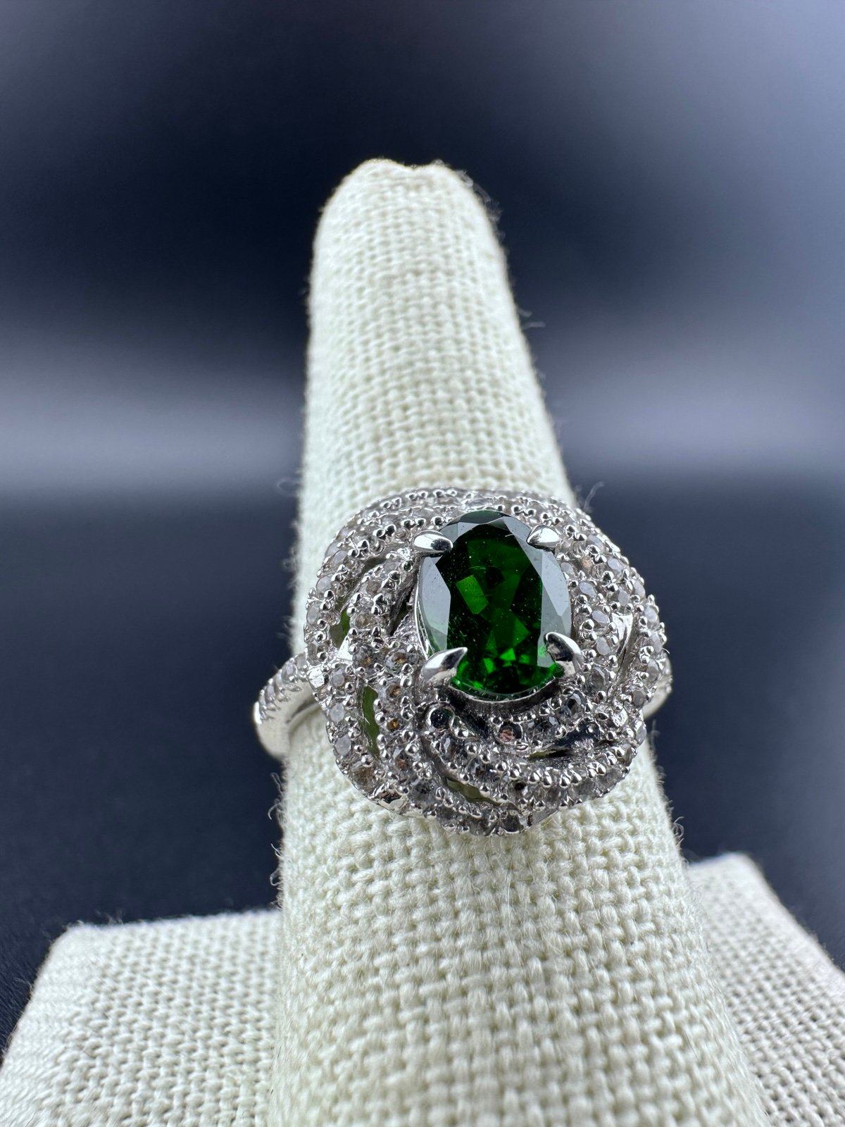 VTG Emerald* Oval With Clusters Of White Rhinestones Sterling Silver Ring