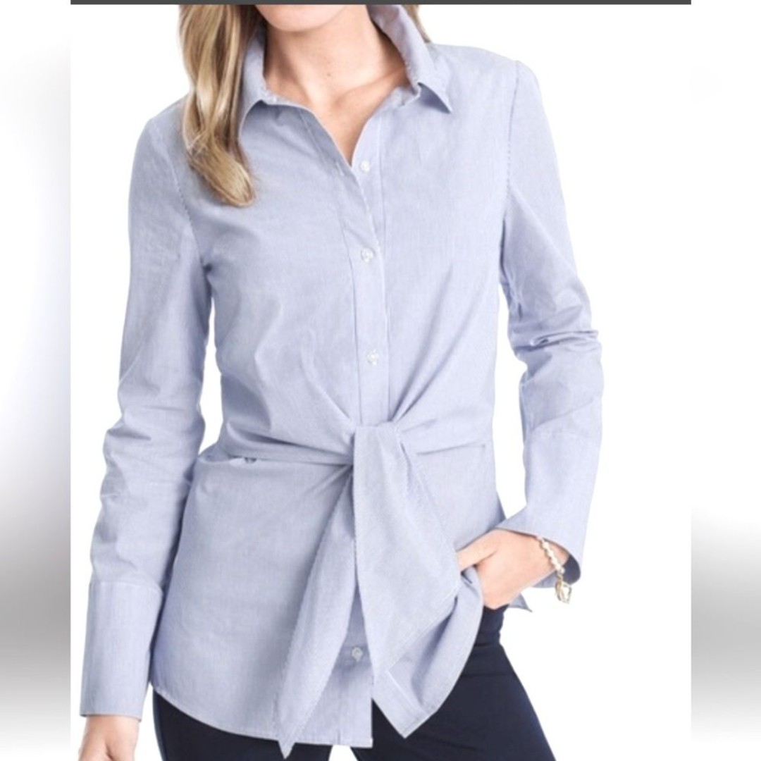 WHBM women Stripe Top Button down poplin tie-front Large Stretch Long Sleeve