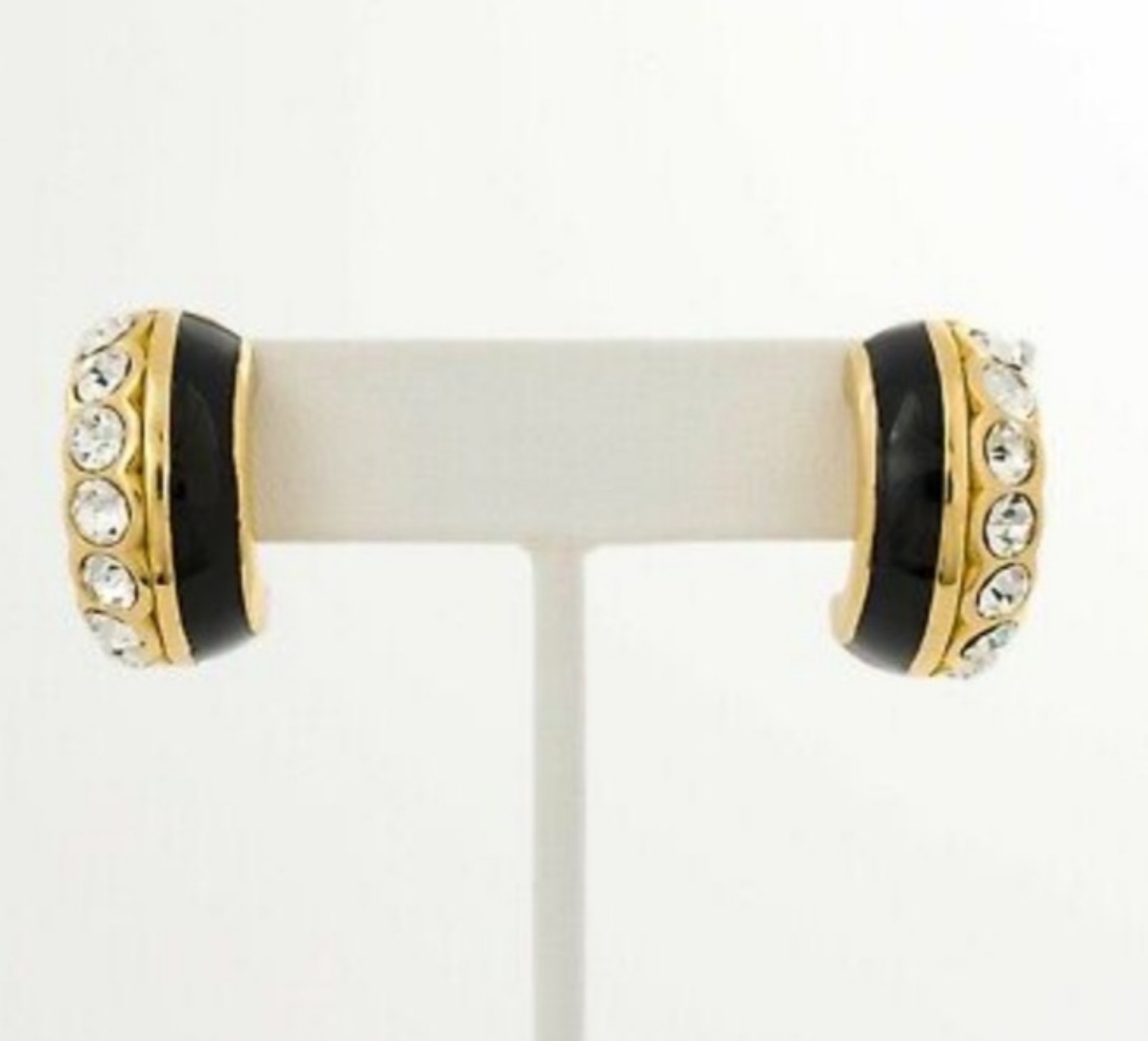 Vintage Christian Dior Gold Blk Enamel & Crystal Pierced EARRINGS 80's Half Hoop