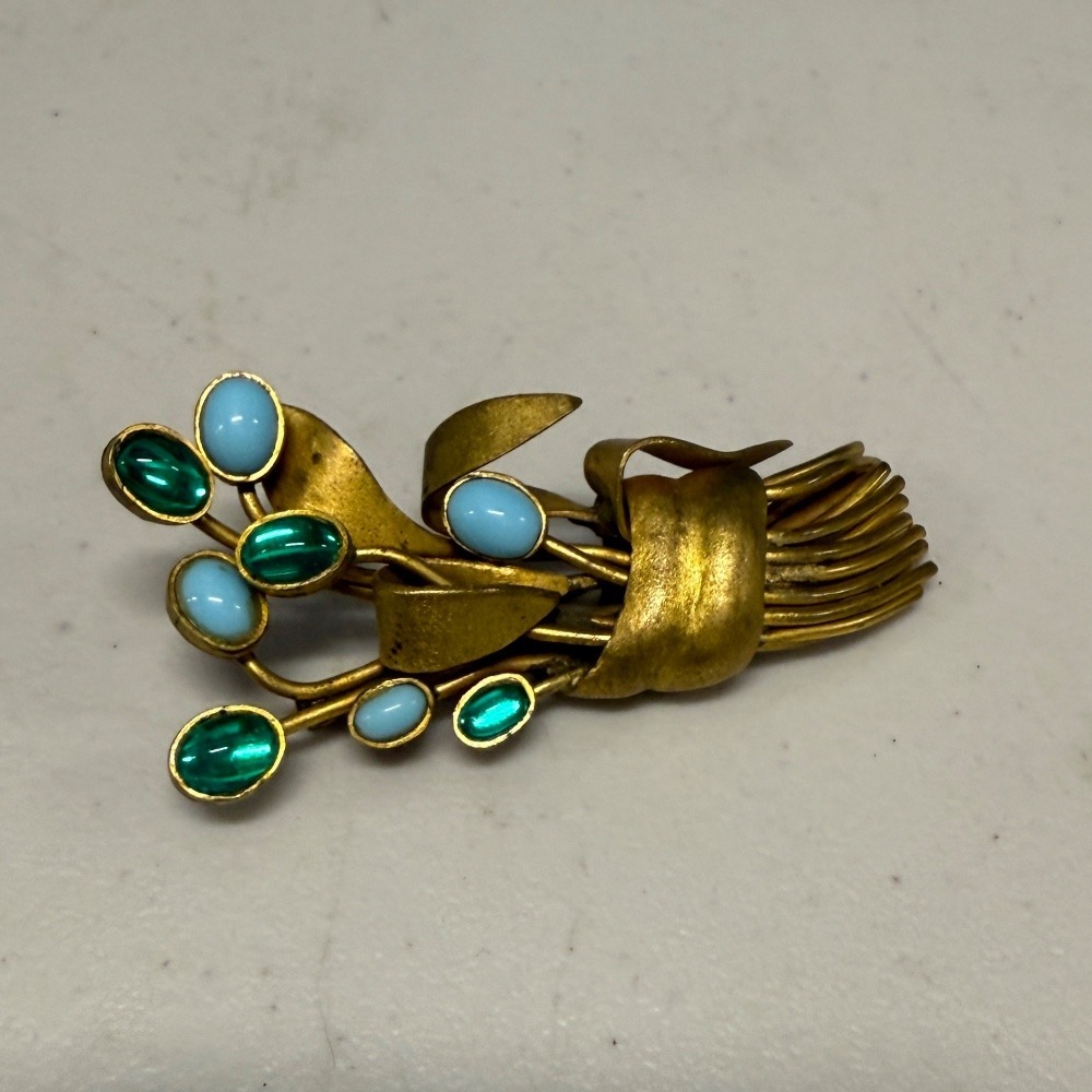 Vintage Floral Brooch Bouquet Pin Gold Tone Blue Green Cabochons 2.5