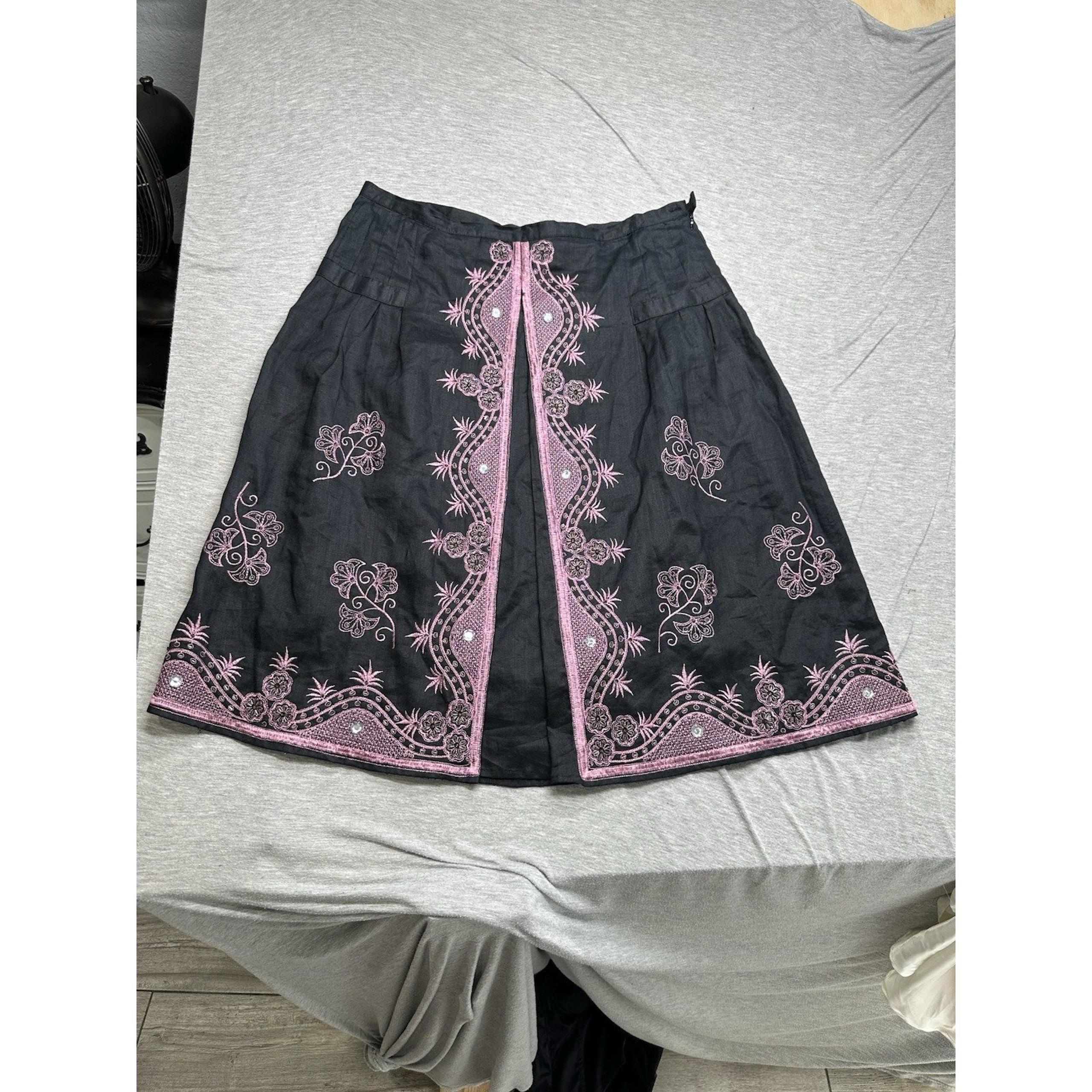 Ann Carson Women's Black/Pink Linen Embellished Embroidered A-Line Skirt 10