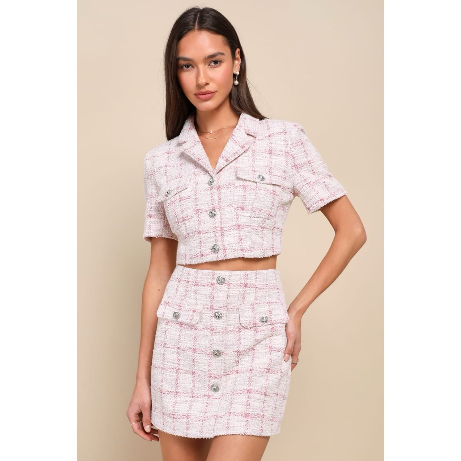 Lulu’s Posh Influence Pink & White Tweed Rhinestone Button Front Top & skirt
