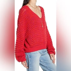 NWT Free People Coconut Knit Relaxed Fit V-Neck Sweater - Dragonfruit Combo