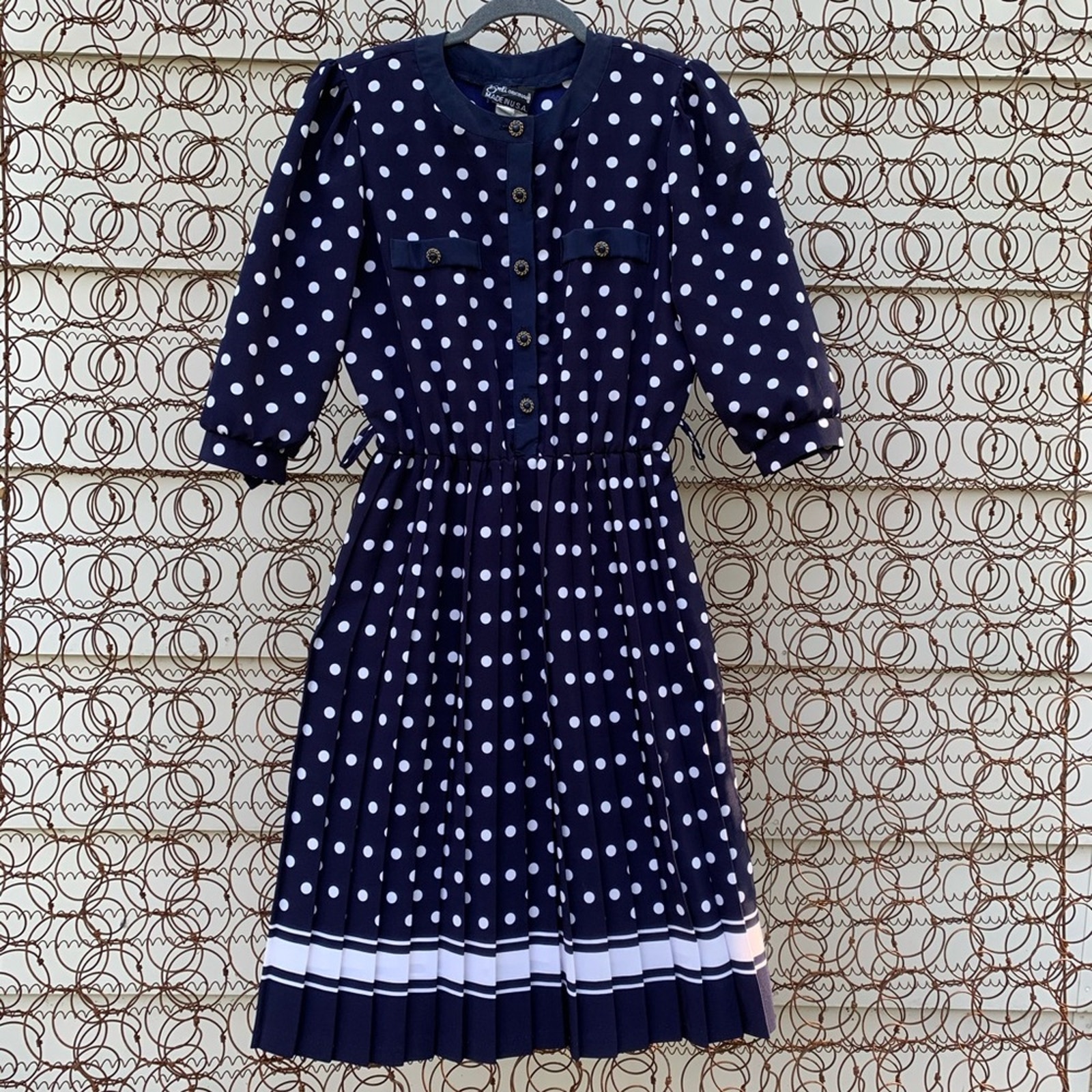Vintage 80s 90s Breli Originals navy blue white polka dot pleated dress 8