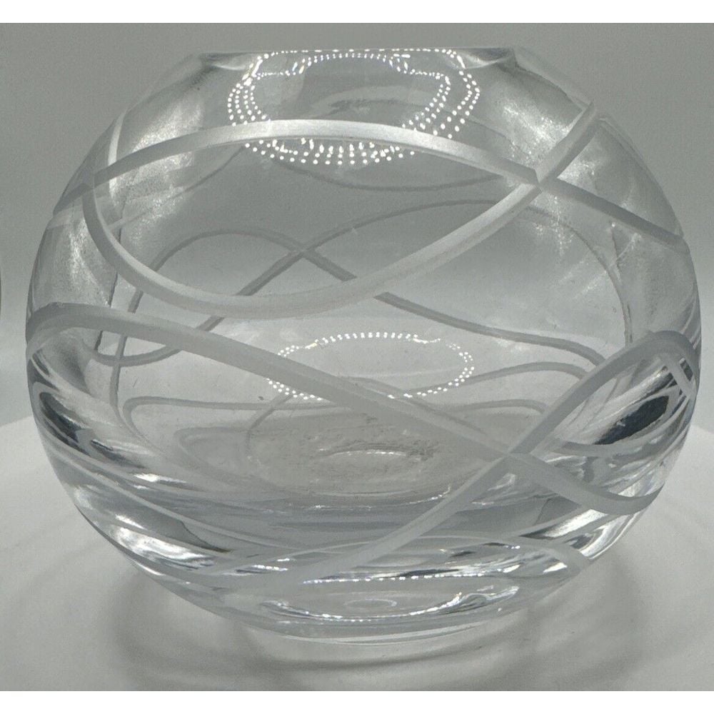 Nambé Motus Blown Glass 3.5 Rose Bowl Clear Round Heavy Etched Wavy Cut Ribbons