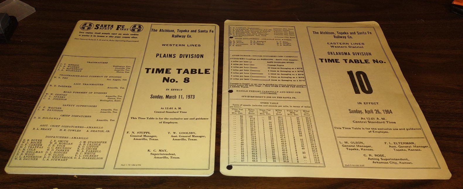 Two vintage Atchison Topeka and Santa Fe railway time tables