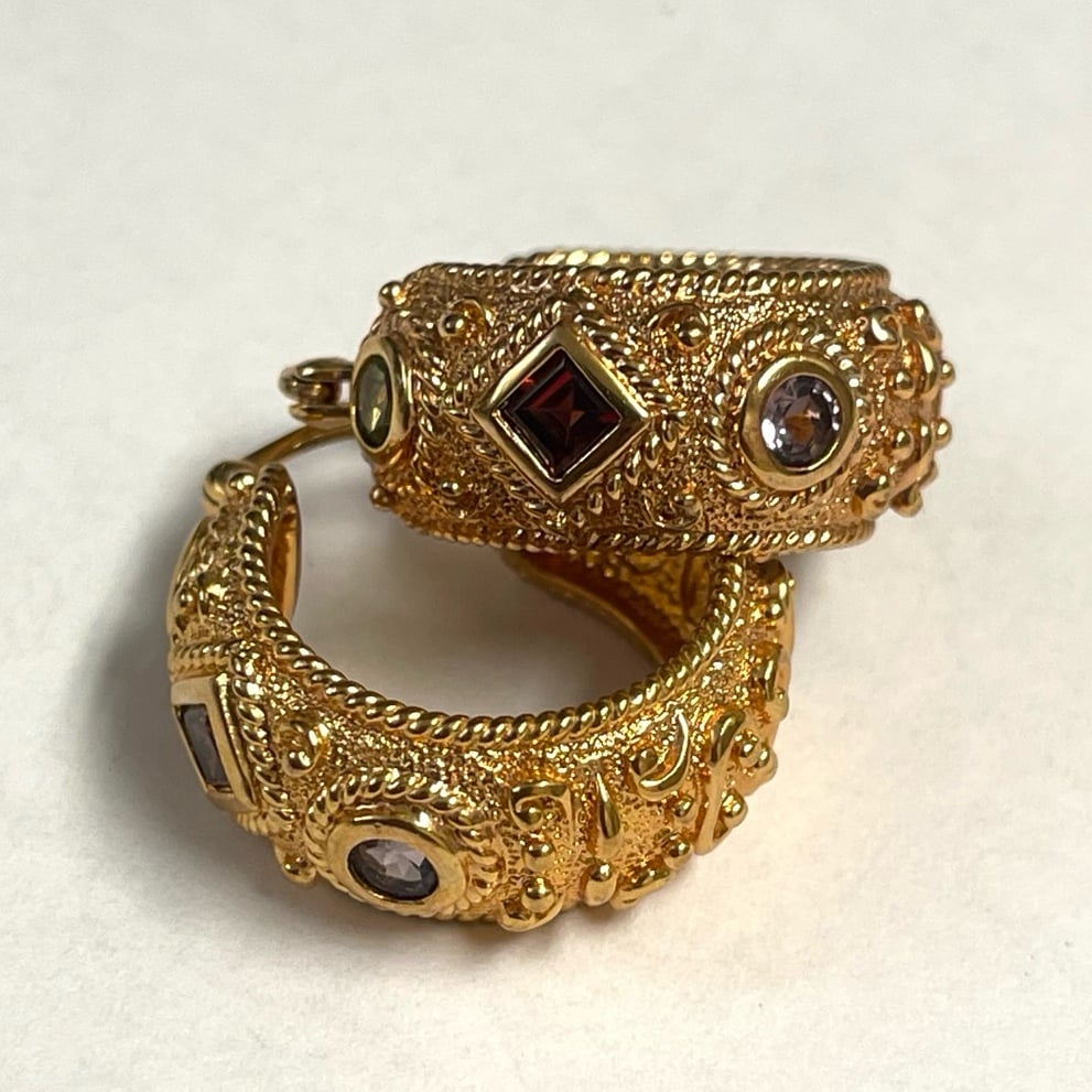 Sterling Silver Gold Vermeil Vintage Etruscan Gemstone Hoop Earrings.