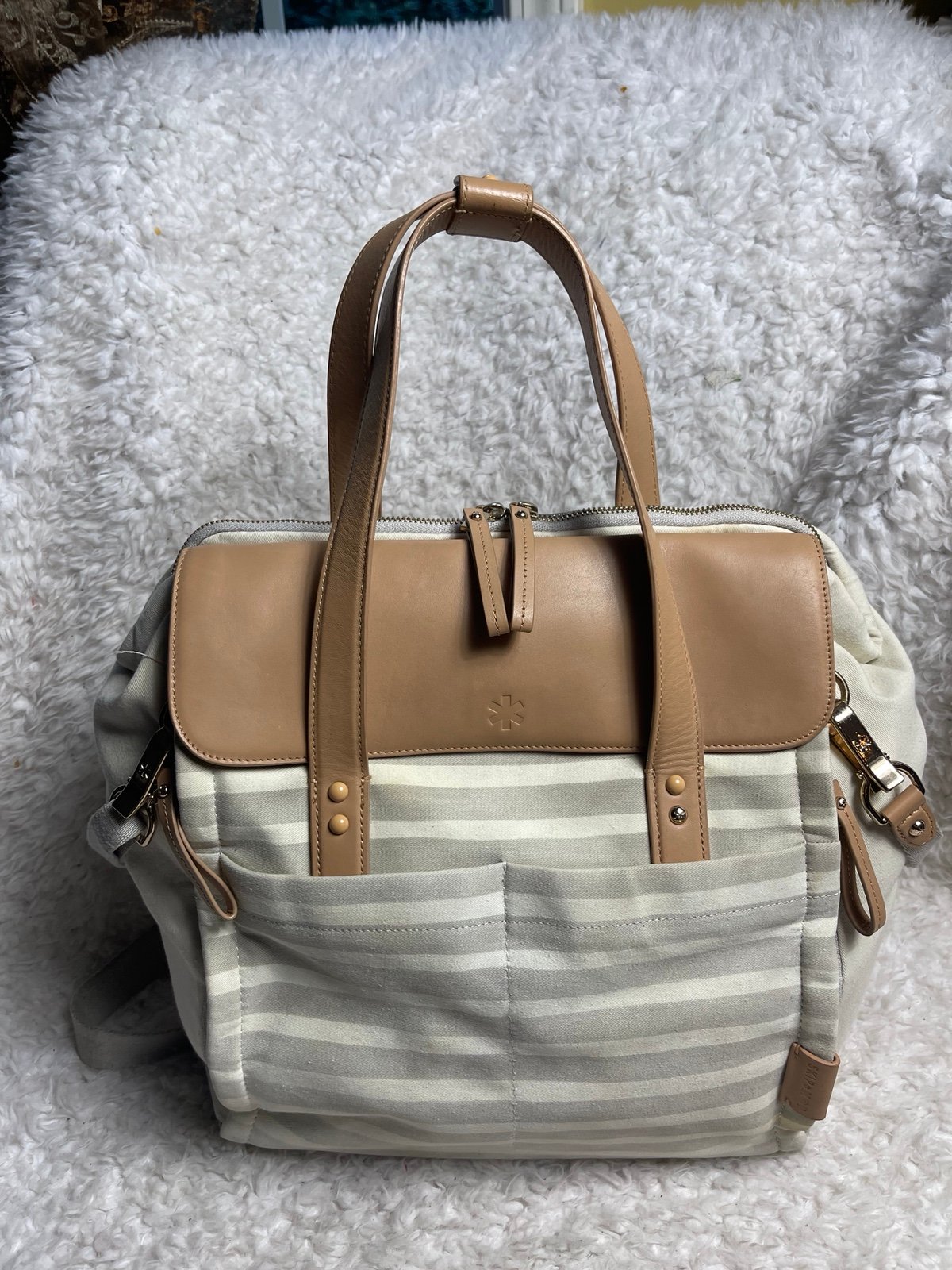 Skip Hop High line convertible Diaper Bag Beige & gray canvas tan leather straps