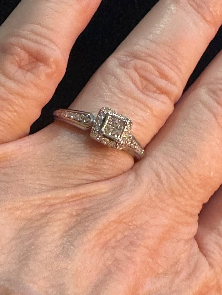 10 karat white gold, promise engagement or right hand wedding ring. Diamonds.