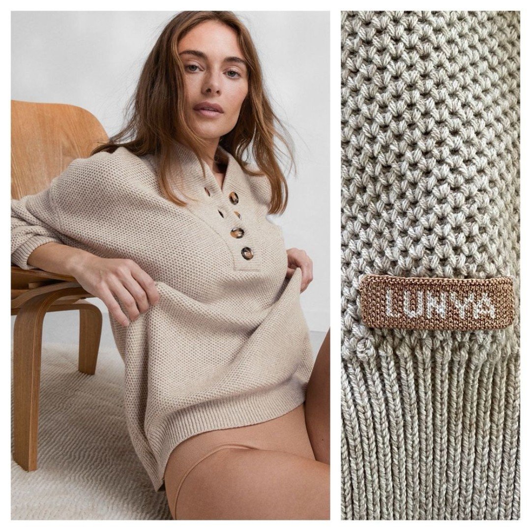 Lunya Tan Toasted Almond Cozy Cotton Silk Pocket Knit Henley Sweater