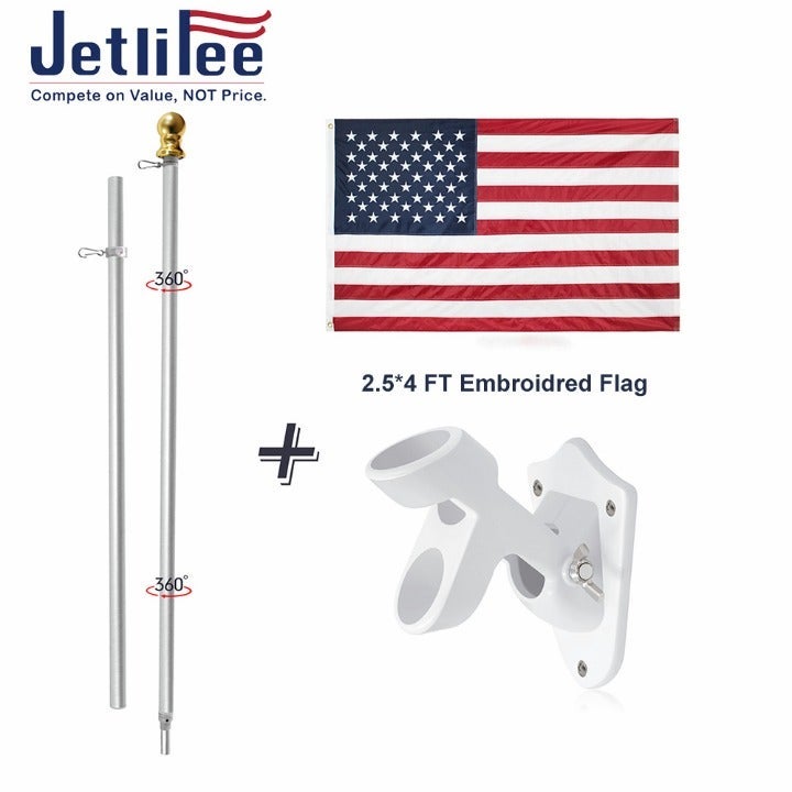 US Flag kits, Embroidered 2.5x4 FT Flag+6FT Tangle Free Pole+Flag Pole Holder