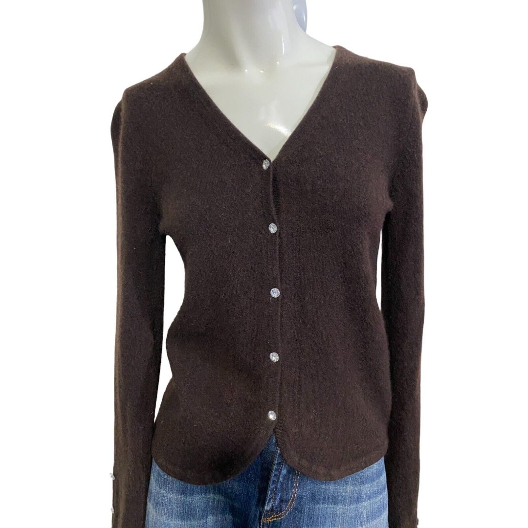 Grayson & Dunn 100% Cashmere Cardigan Sweater Brown Rhinestone Buttons Small