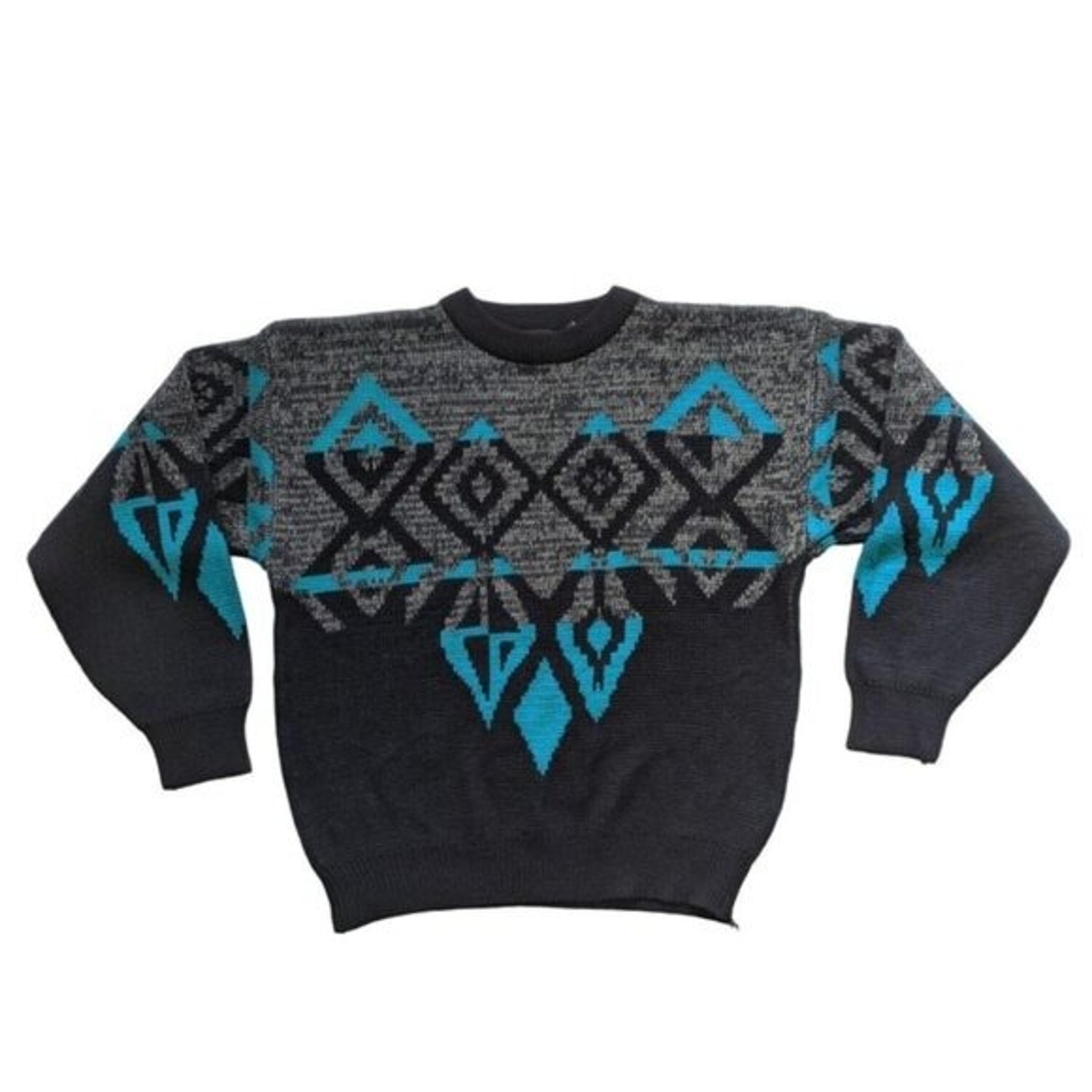 Vintage 80s Sweater Tag XL Sasson Black Grey Blue Funky Geo Print Grandpa Dad