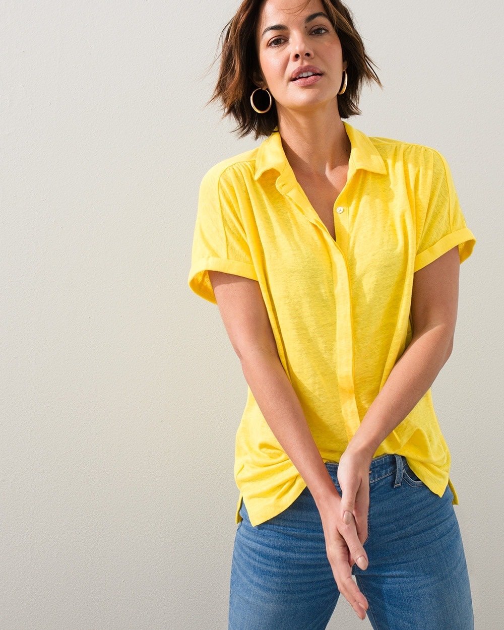 Chico’s Linen Button Front Yellow Short Sleeve Knit Top Size L 2 NWT 60