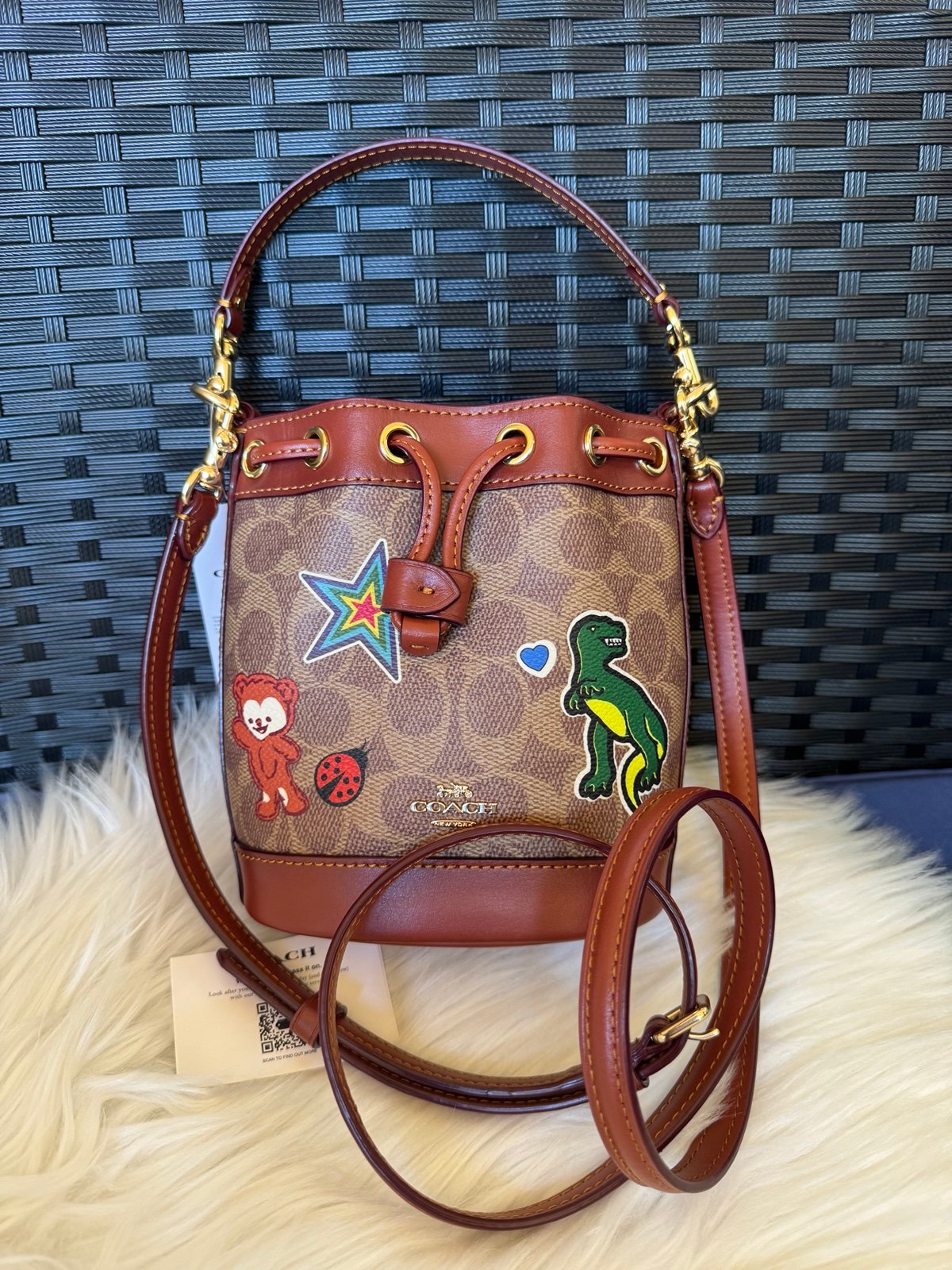 NWT Coach Mini Bucket Bag In Signature Canvas With Rexy Sticker Print CW300 Tan