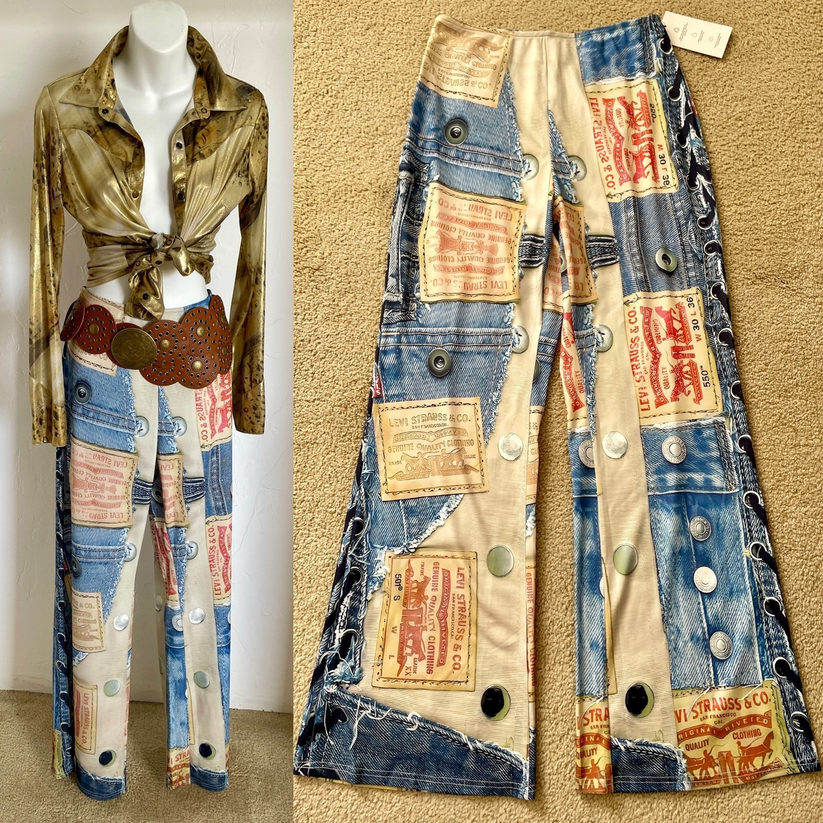NWOT Trompe L’oeil WESTERN Corset JEANS Print Stretch FLARE Festival PANTS S/M
