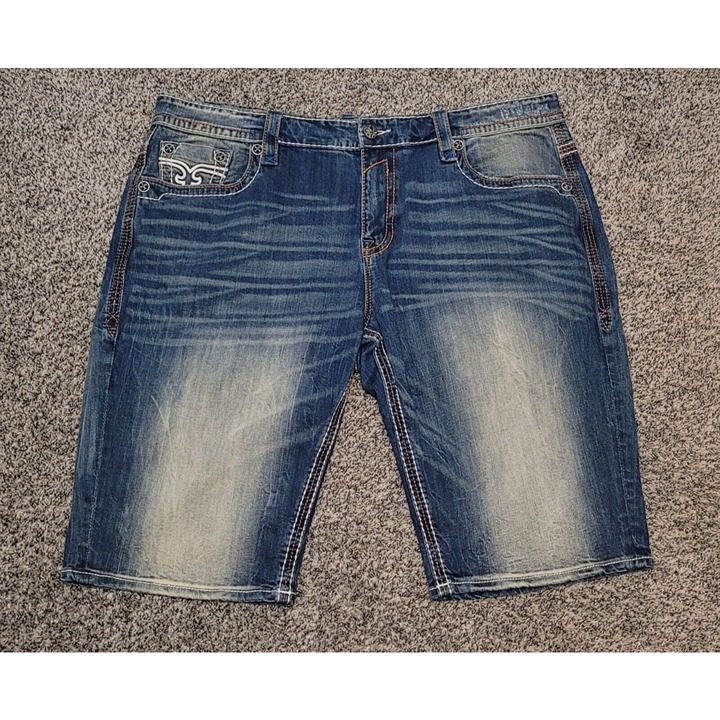 220 Mens Rock Revival Jeans Dan Volcano Stitch Leather Inserts Faux Shorts 44