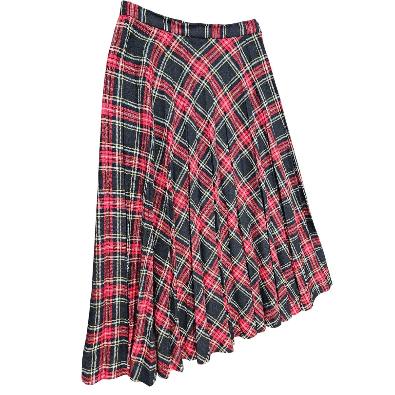 Vintage Tartan Red Black Plaid Long Maxi Pleated Wool Skirt Size 10 Yellow