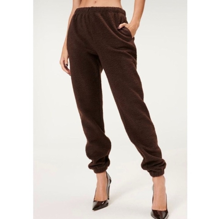 NWT Good American Coffee Brown Sherpa Boyfriend Sweatpant - Size 3 (L)