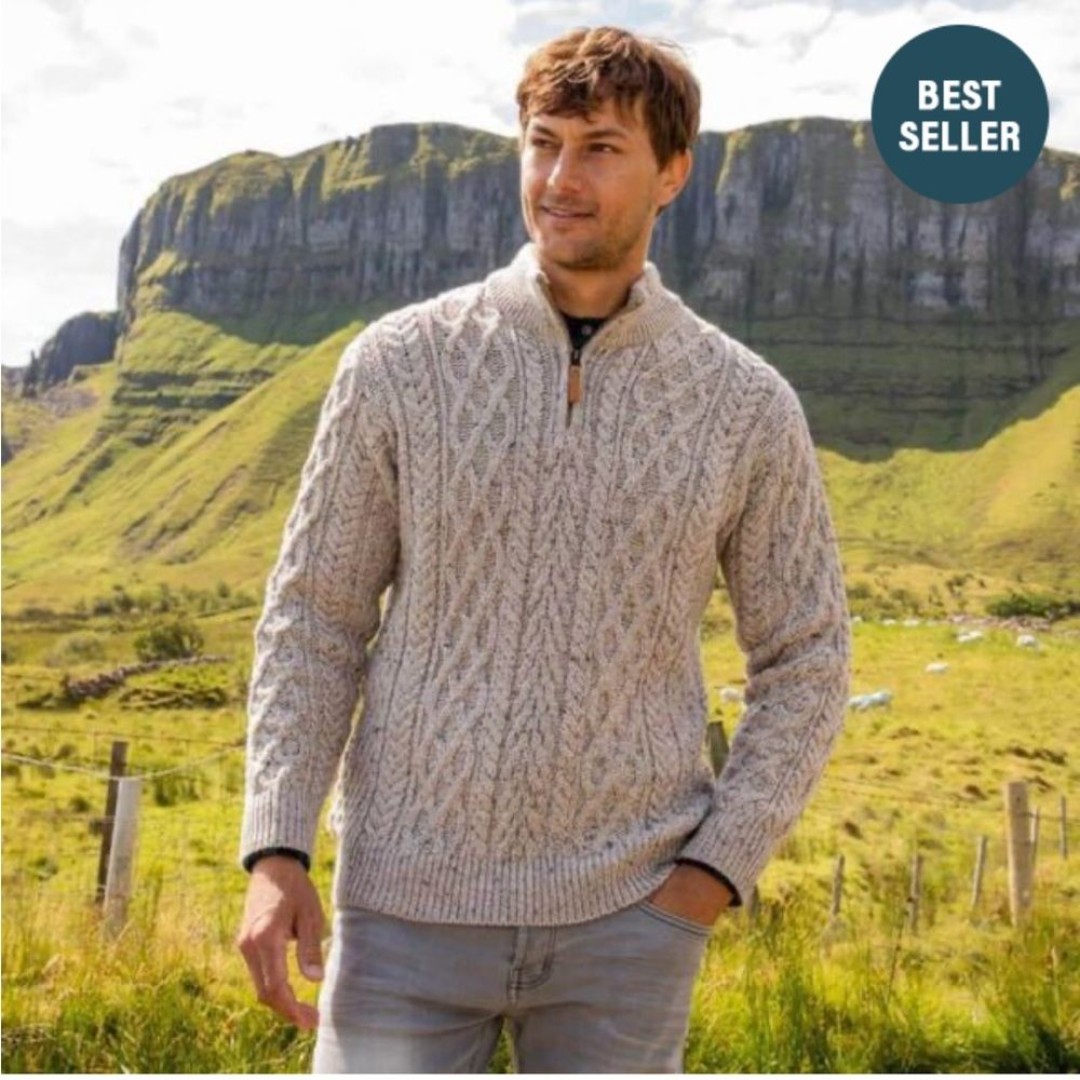 New Mens The Irish Store Signature Zip Neck Wool Sweater in Oatmeal