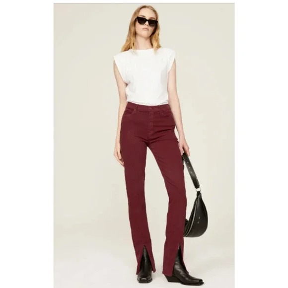 NEW Mother The Rascal Sliced Up Heel Jeans Womens 24 Split Hem Maroon