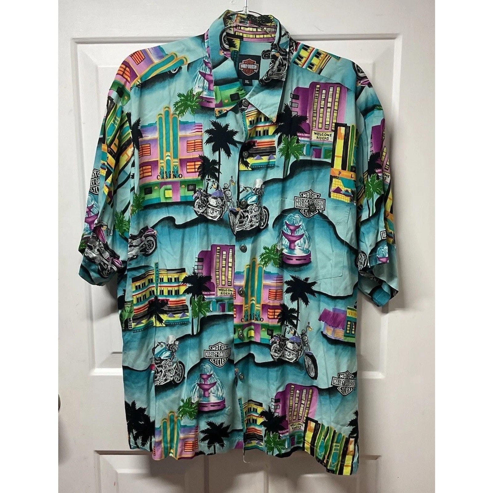 Men’s Harley Davidson Chrome Casino Hawaii 100% Viscose Button Up Shirt size xl