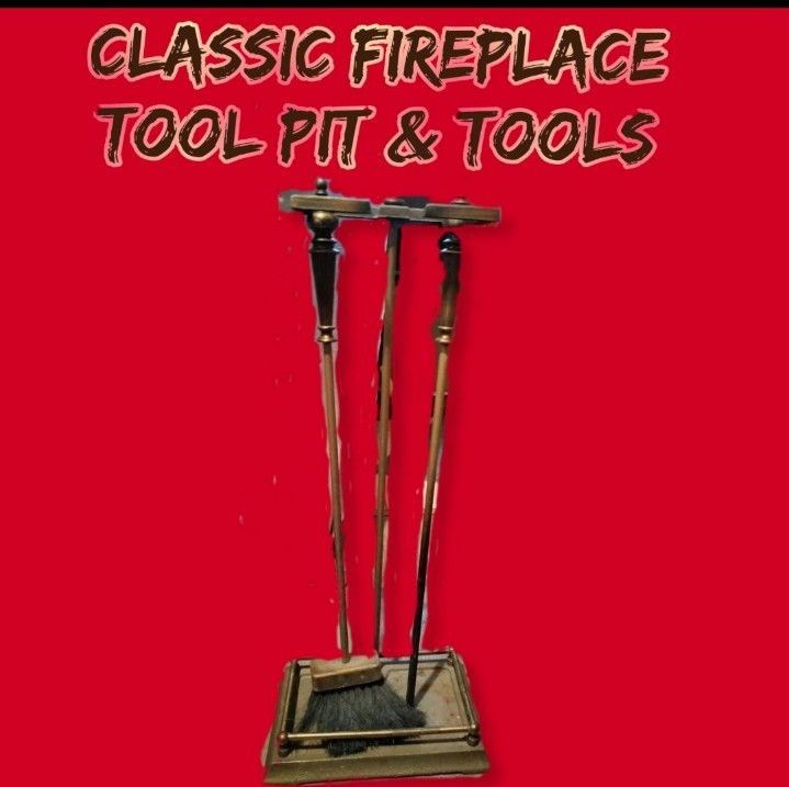 Vintage Fireplace Total Tools Set Ensembled (5 Brass Tools + Base) Oxford Design