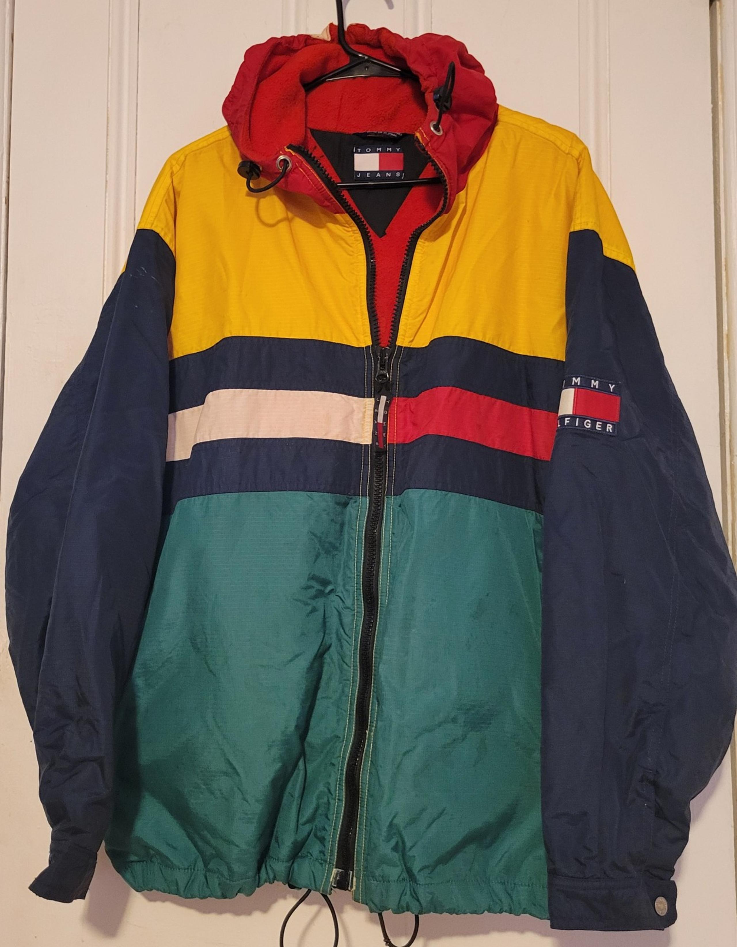 Vintage 90s Tommy Hilfiger Color Block Flag Windbreaker Hood Jacket Mens M