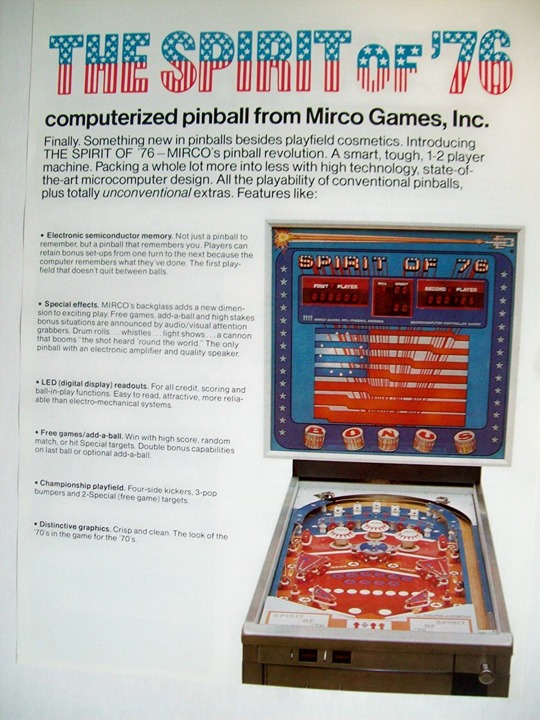 Rare 1975 Mirco SPIRIT OF '76 Pinball Sales Flyer - First Electronic Pinball