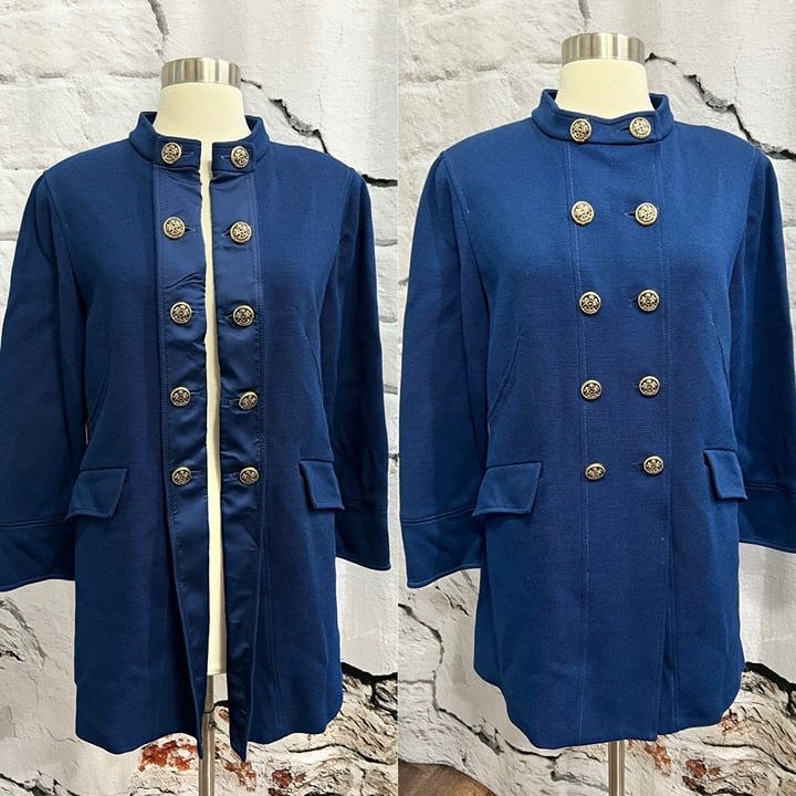 St. John Marine Blue Wool Long Sweater Coat Jacket Military Style Nautical
